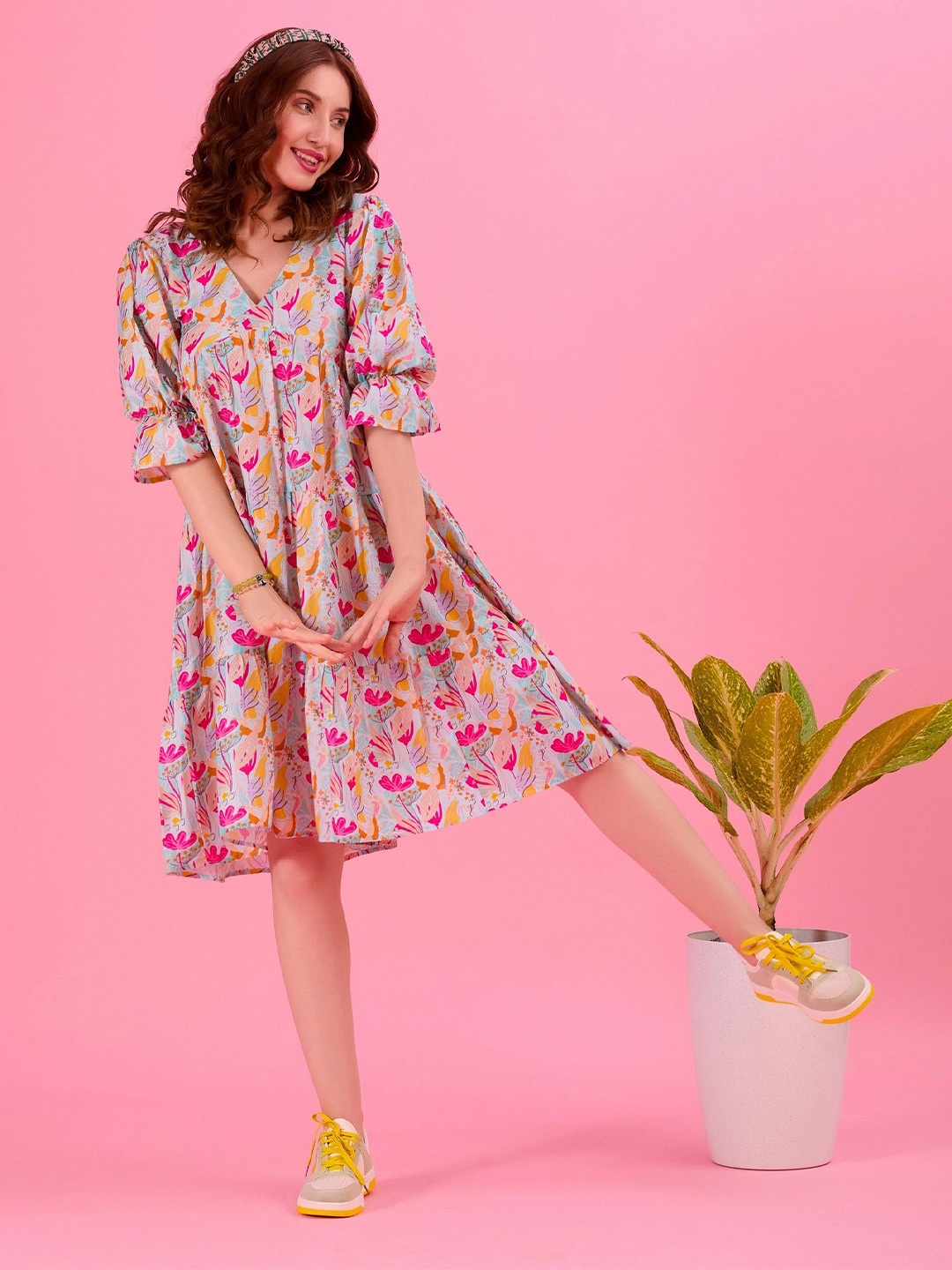 

Amarasha Floral Print Flared Sleeve A-Line Dress, Multi