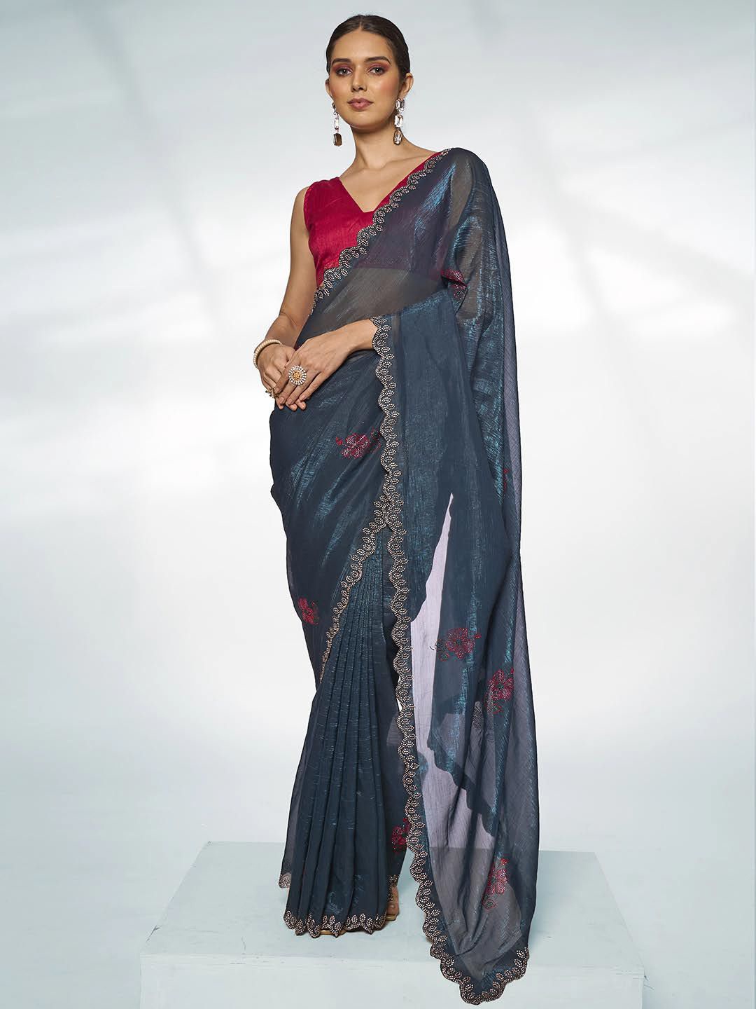

Kalista Embellished Beads and Stones Organza Saree, Teal
