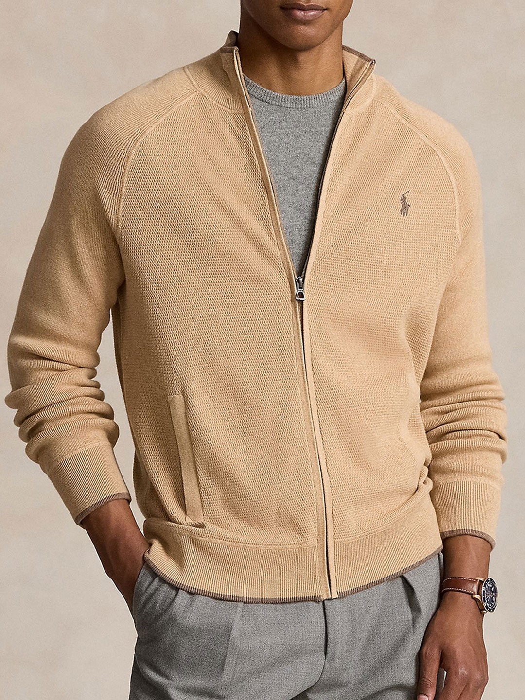 

Polo Ralph Lauren Textured Cotton Full-Zip Sweater, Brown