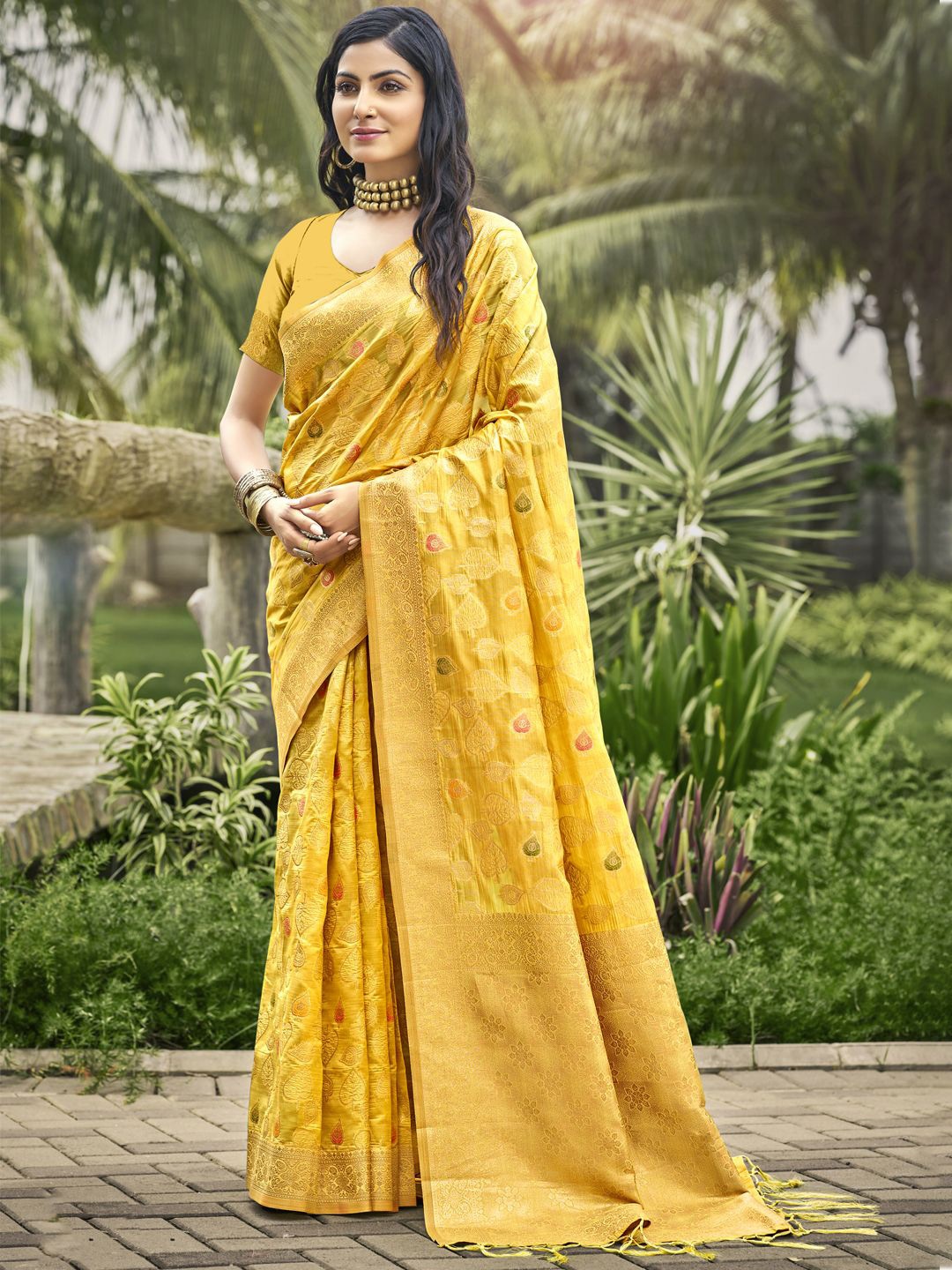 

SANGAM PRINTS Woven Design Zari Organza Tussar Saree, Yellow