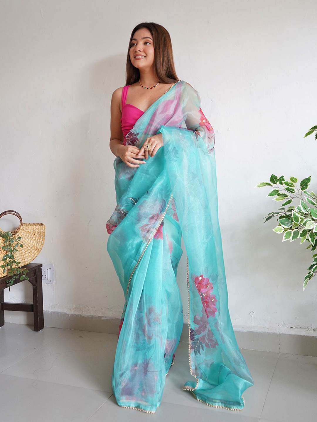 

elora Floral Beads and Stones Organza Saree, Turquoise blue