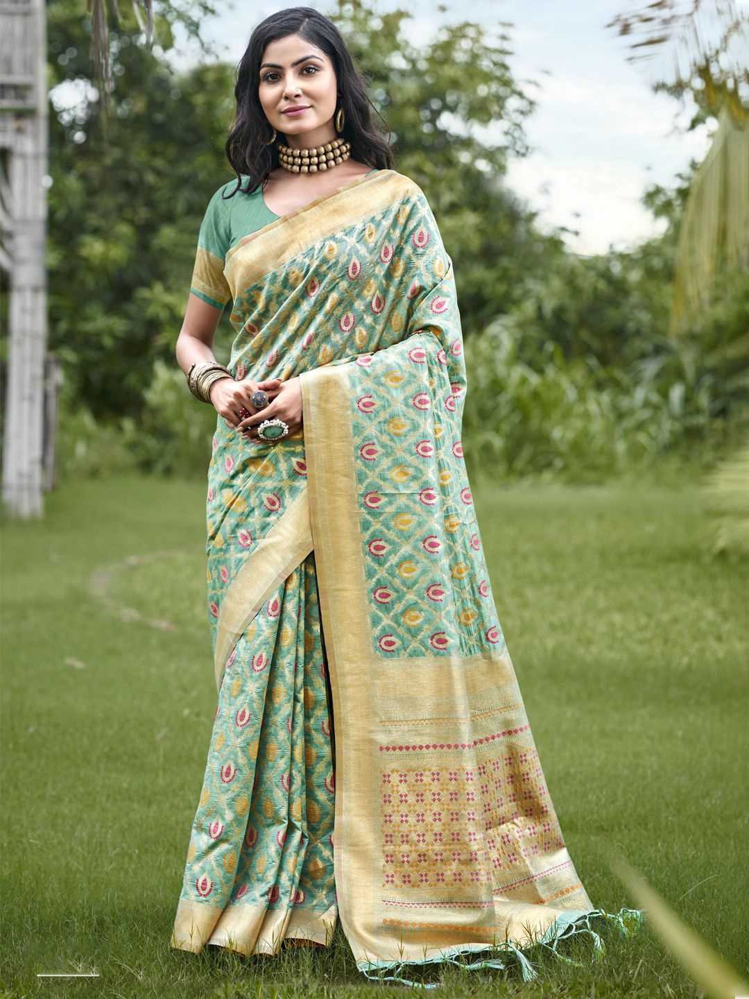 

SANGAM PRINTS Woven Design Zari Organza Tussar Saree, Teal