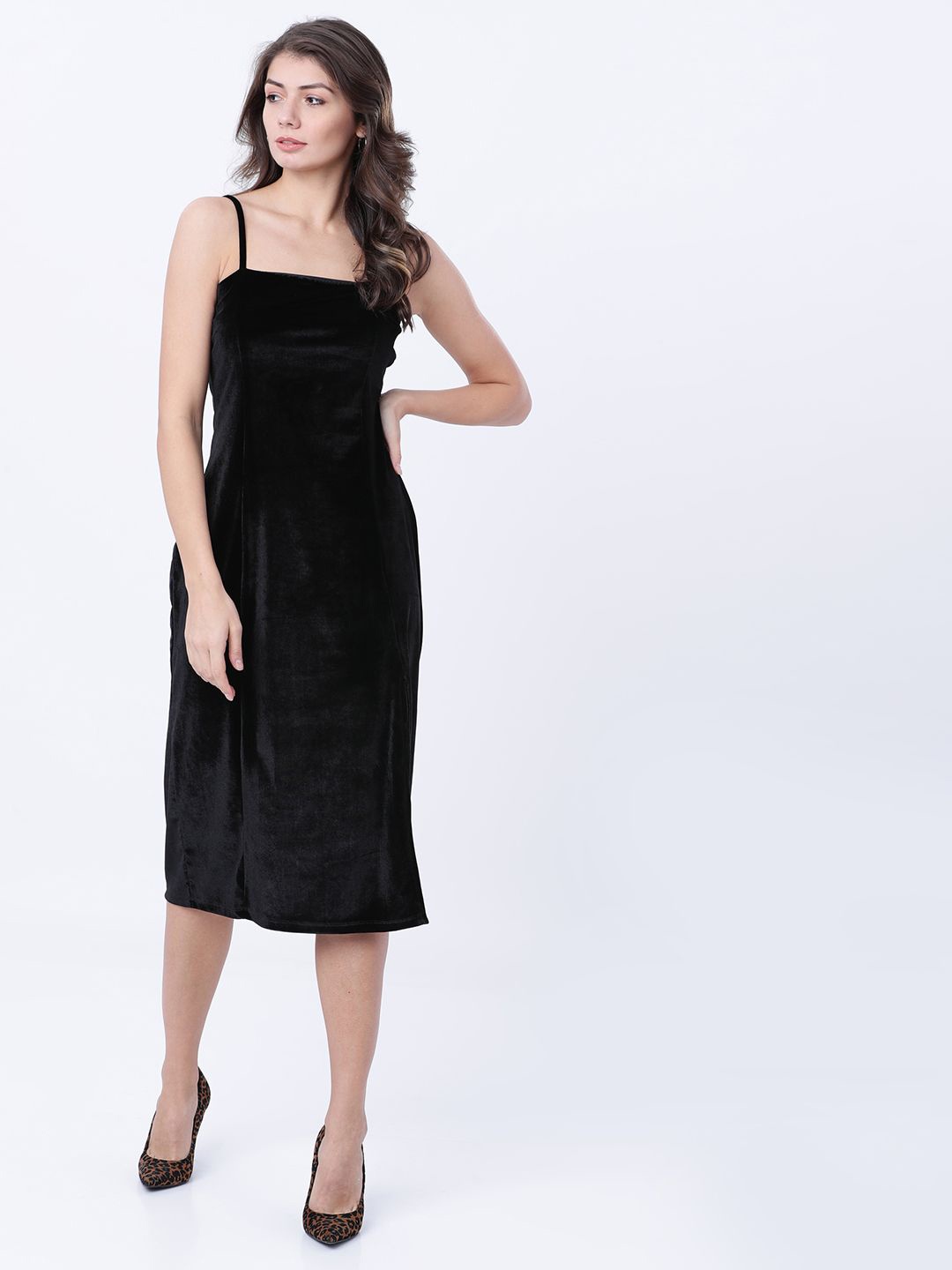 

Tokyo Talkies Velvet Shoulder Straps Sheath Midi Dress, Black