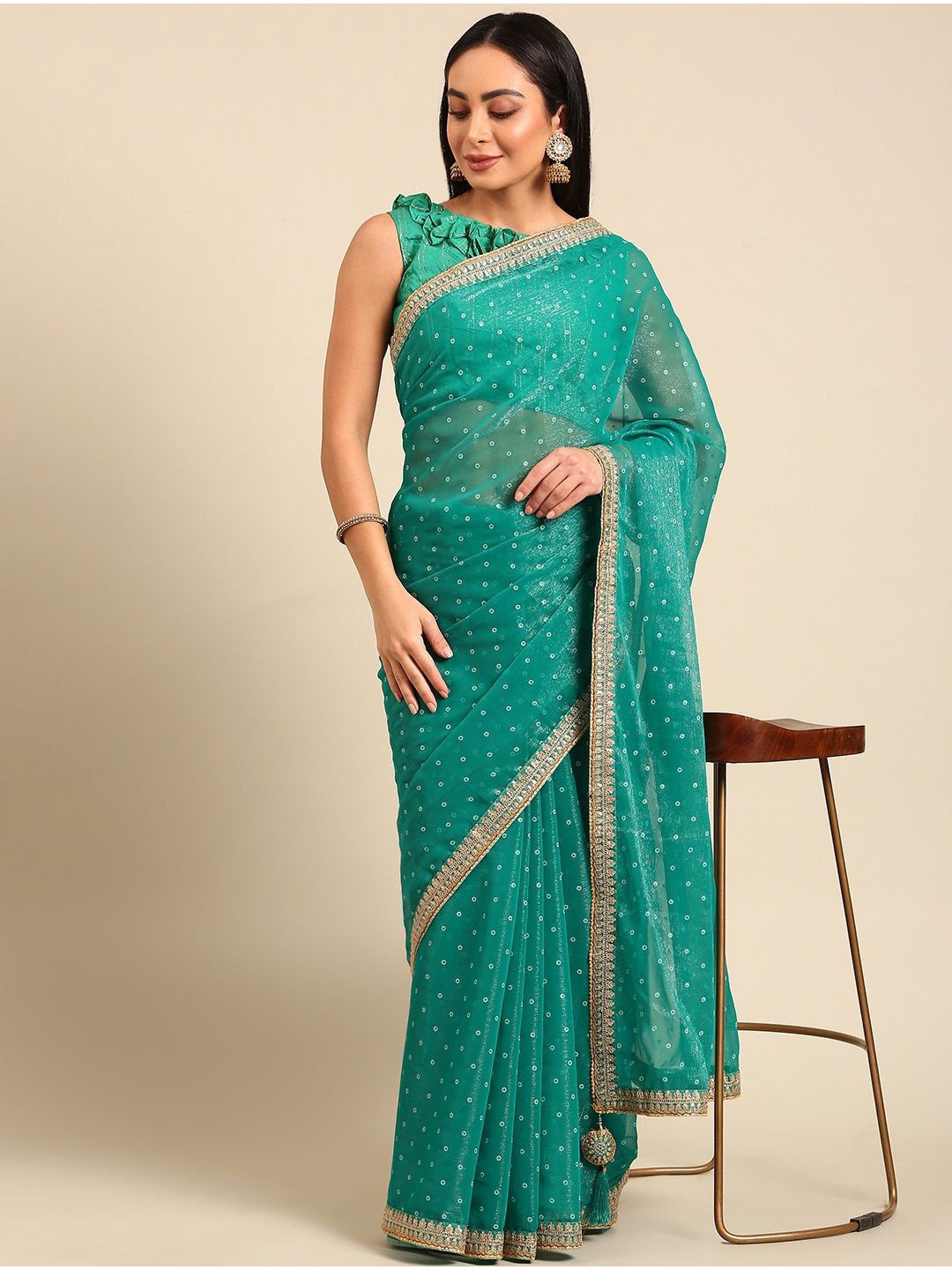 

all about you Ethnic Motifs Sequinned Pure Chiffon Saree, Turquoise blue