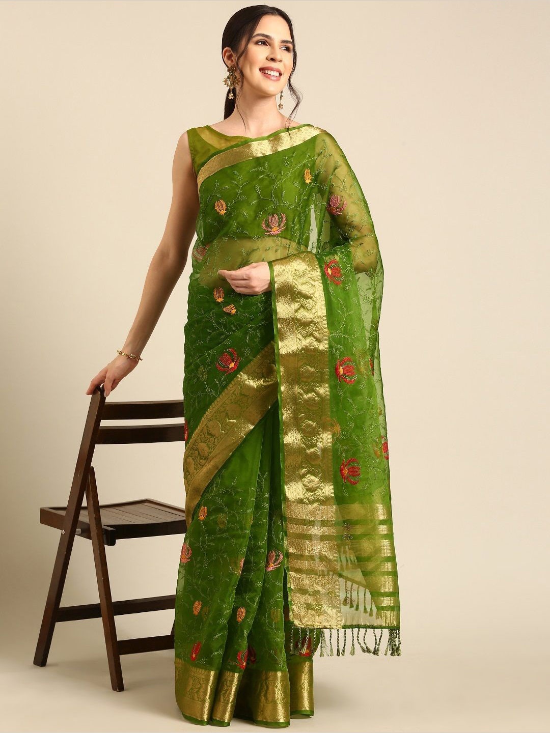 

all about you Embroidered Ethnic Motifs Zari Organza Saree, Green
