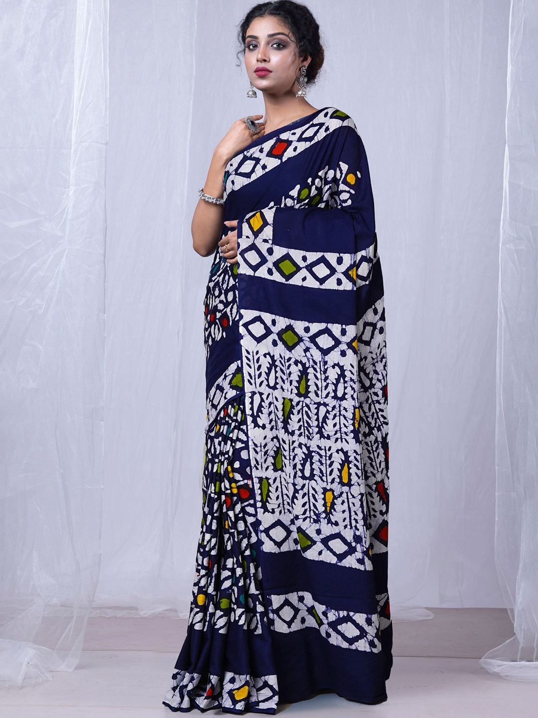 

Unnati Silks Batik Pure Cotton Handloom Block Print Saree, Navy blue