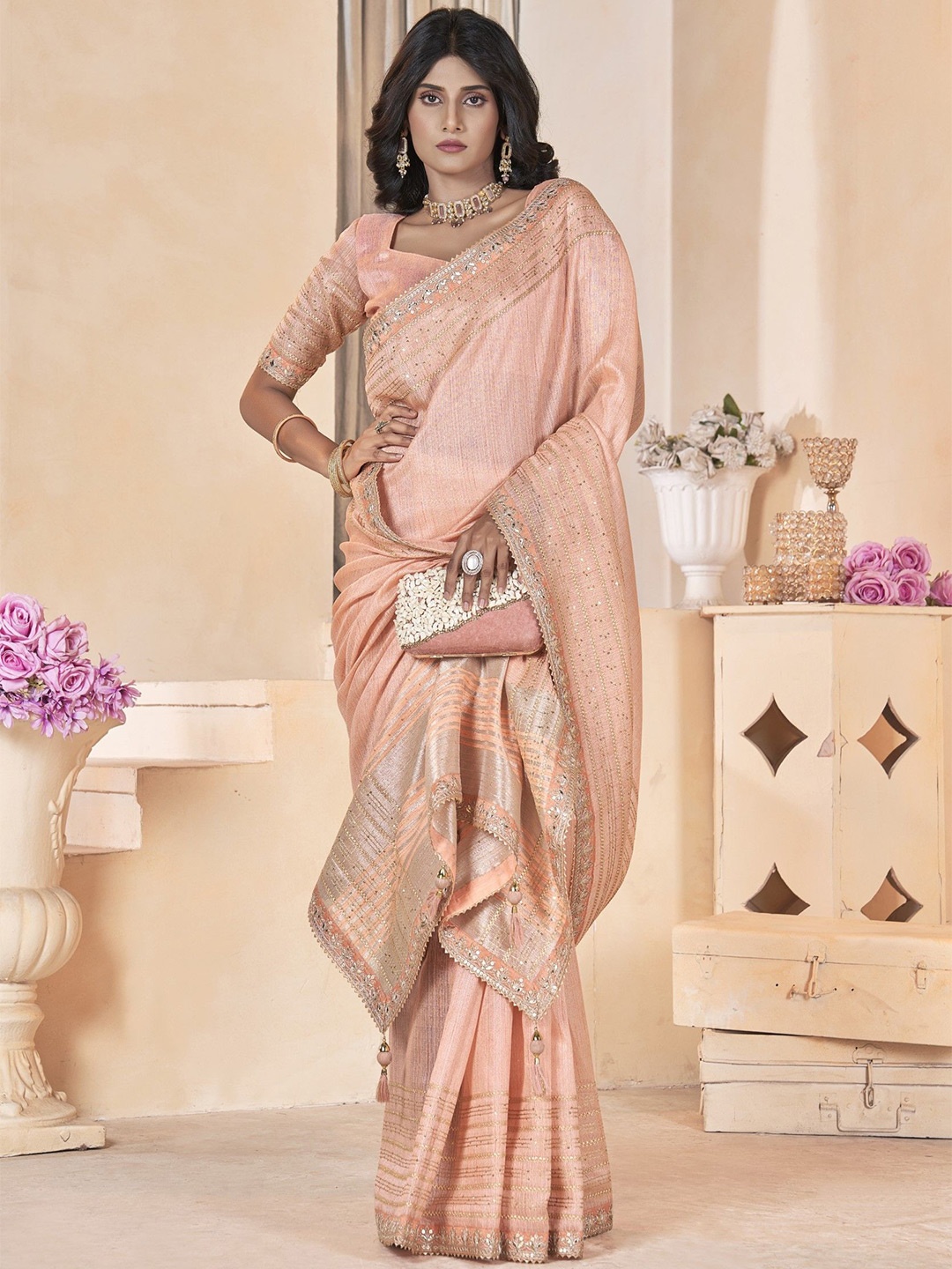 

Mitera Embellished Sequinned Saree With Blouse Piece, Peach
