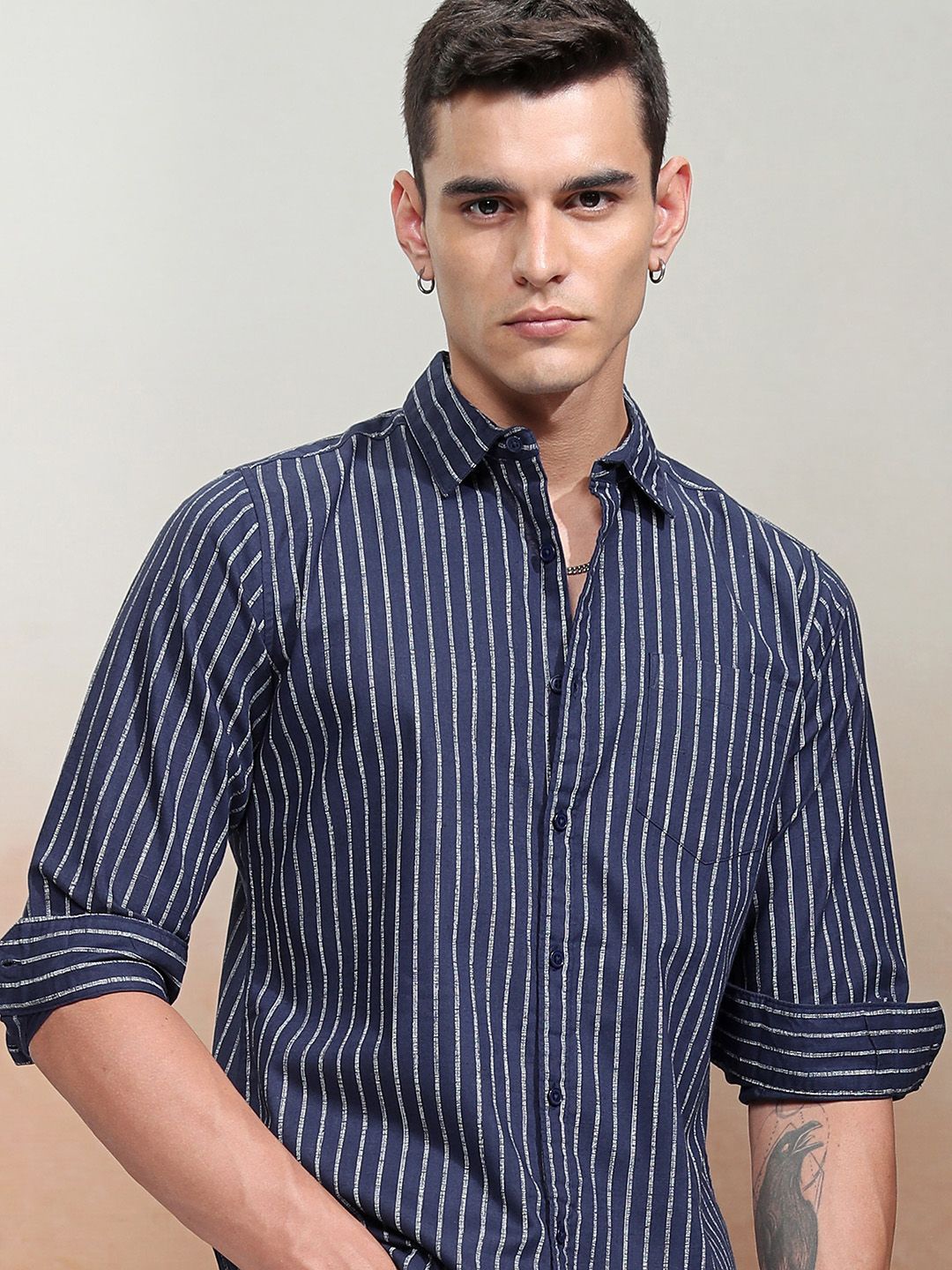 

HIGHLANDER Men Cotton Linen Striped Regular Fit Shirt, Navy blue