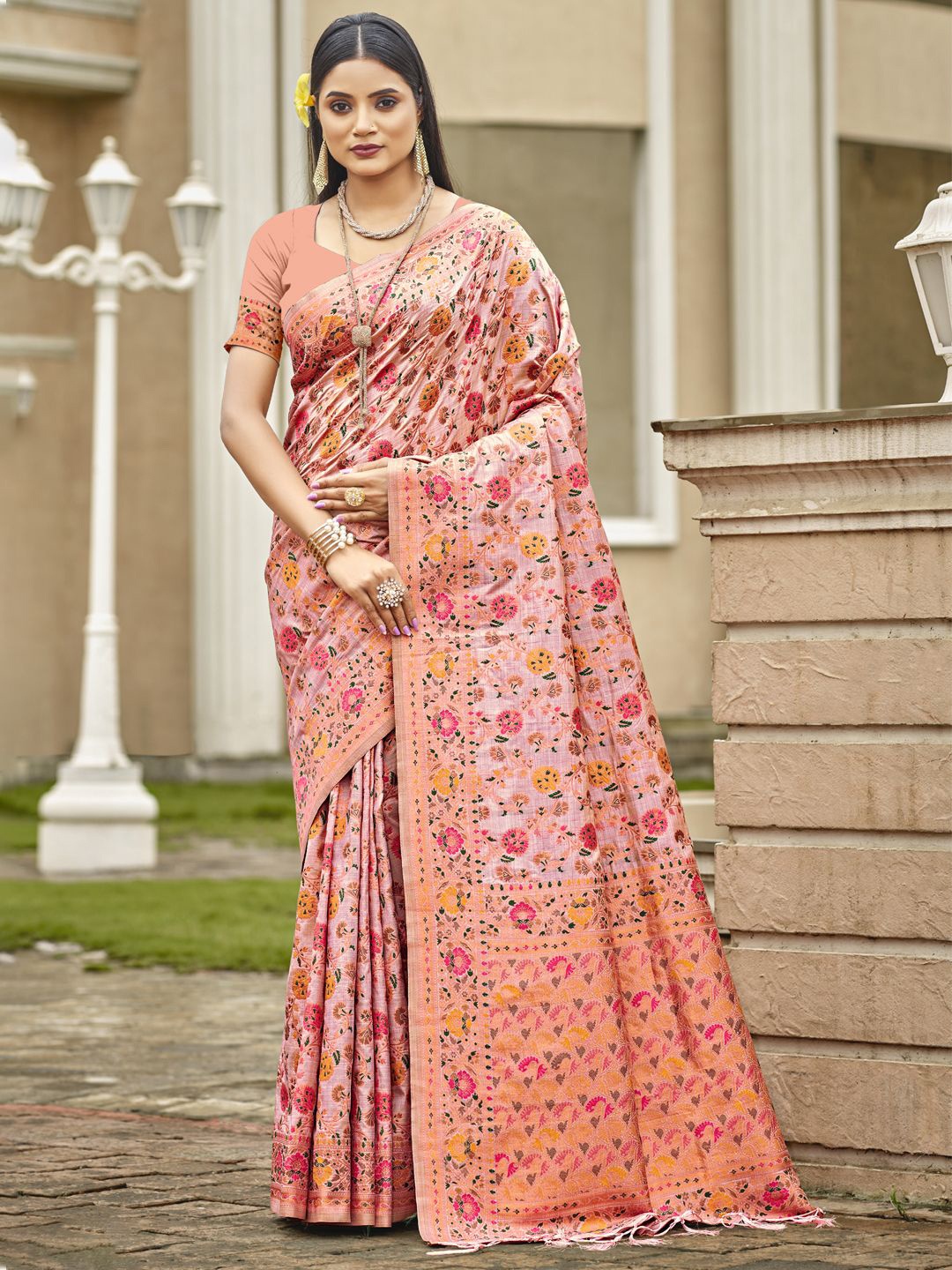 

SANGAM PRINTS Woven Design Zari Pure Silk Tussar Saree, Pink