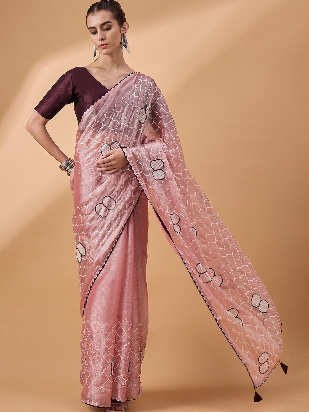 

MySilkLove Embroidered Organza Saree, Pink
