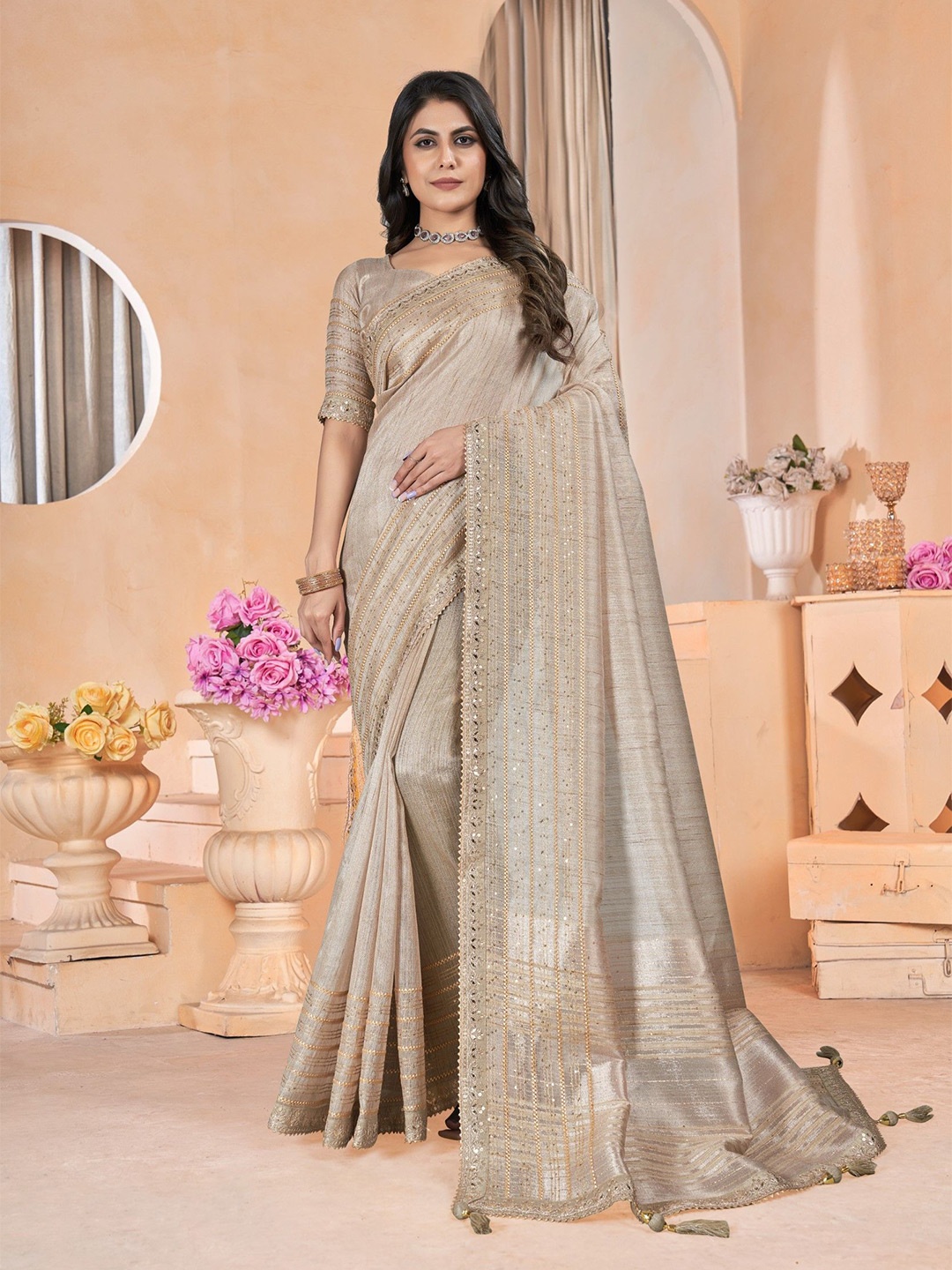 

Mitera Embellished Sequinned Saree With Blouse Piece, Beige