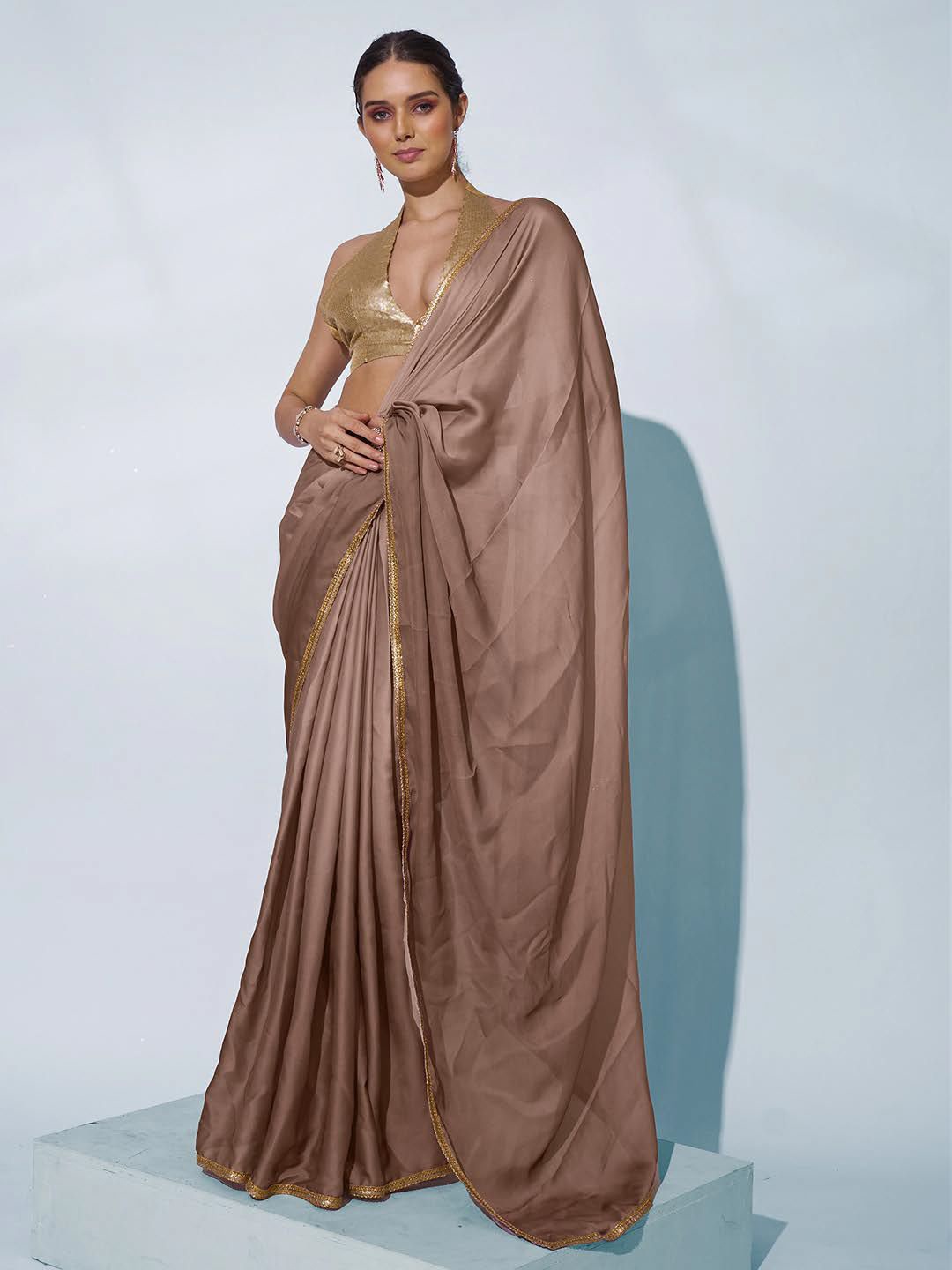 

Kalista Sequinned Satin Saree, Camel brown