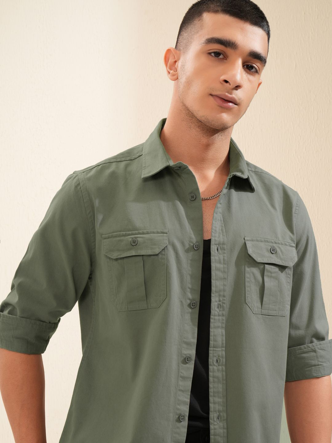 

KETCH Men Olive Solid Twill Casual Shirt