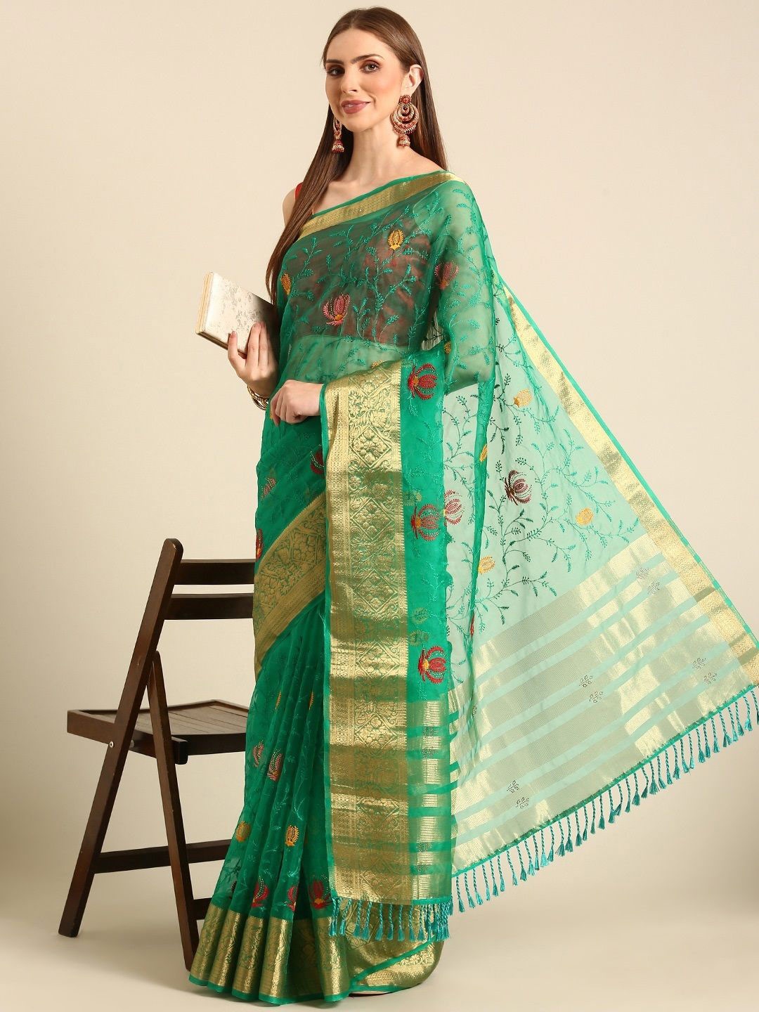 

all about you Embroidered Ethnic Motifs Zari Organza Saree, Green