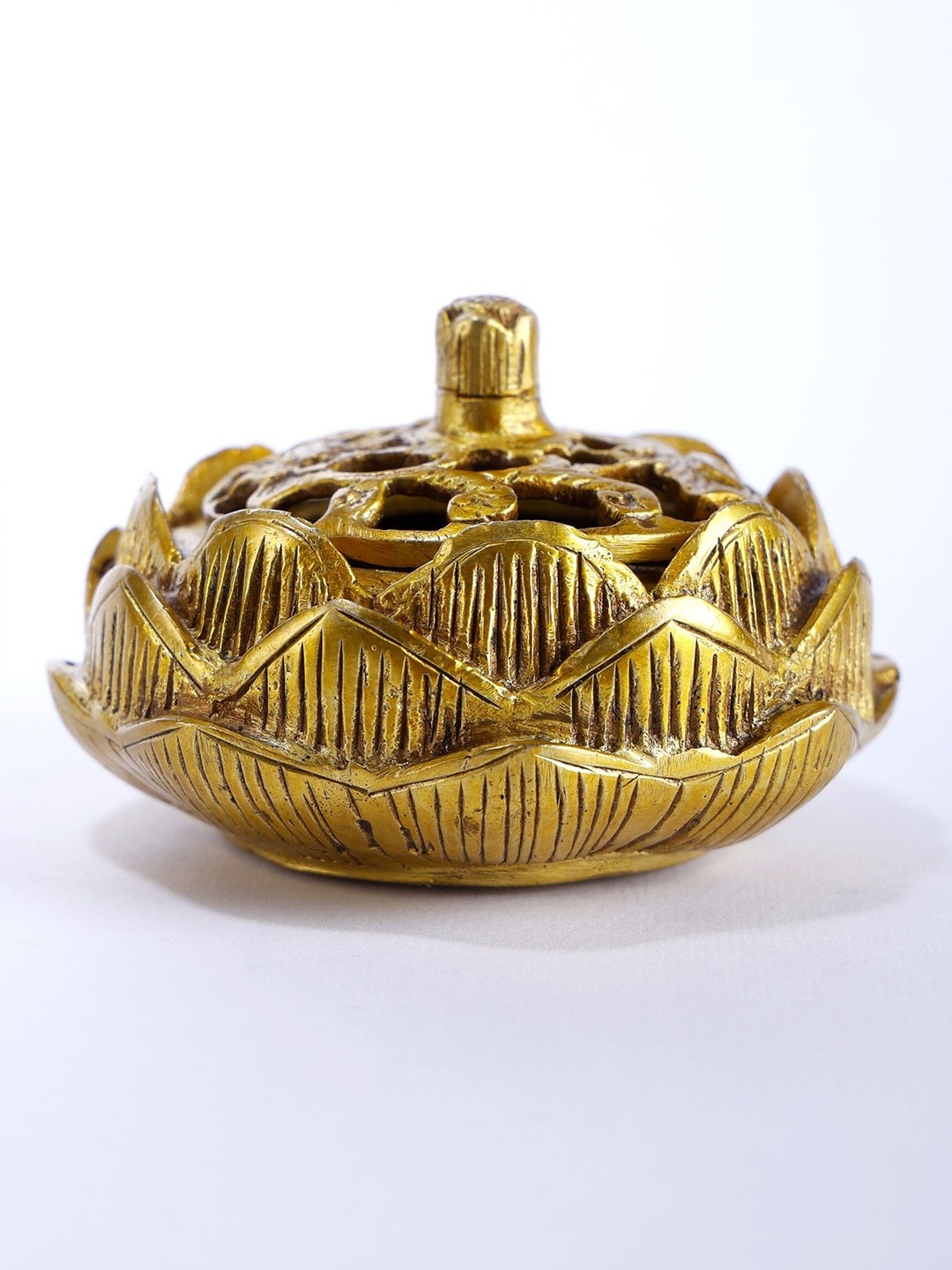 

Exotic India 3" Lotus Design Incense Burner/Dhoop Dani in Brass - Spiritual Home Decor, Gold