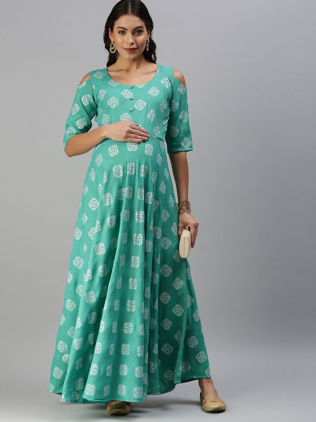 

Swishchick Ethnic Motifs Cold-Shoulder Maternity Maxi Dress, Turquoise blue