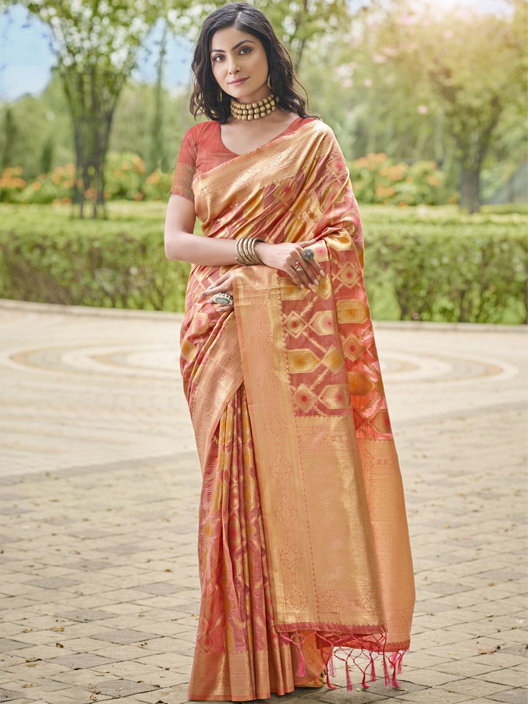 

SANGAM PRINTS Woven Design Zari Organza Tussar Saree, Pink
