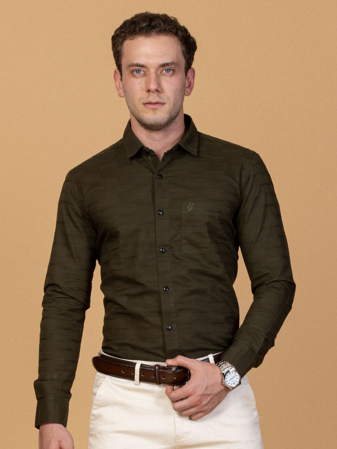 

Berkshire Men Comfort Slim Fit Horizontal Stripes Opaque Striped Formal Shirt, Olive
