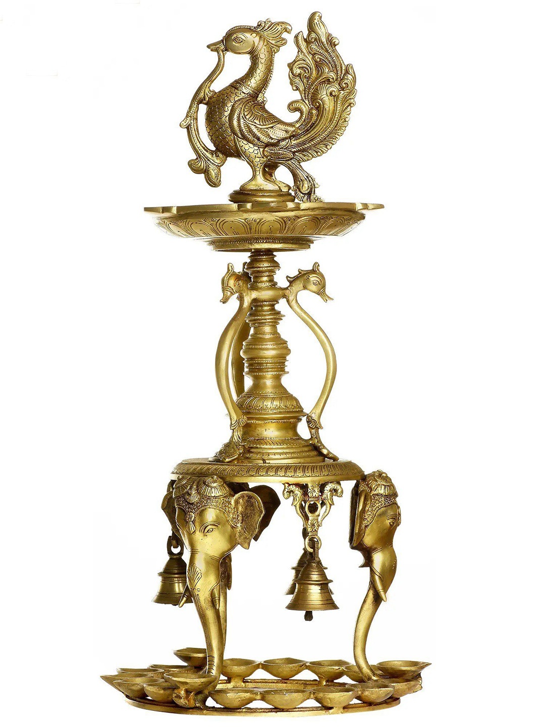 

Exotic India Brass Peacock Lamp & Bells Supported by Elephant Heads, Gold