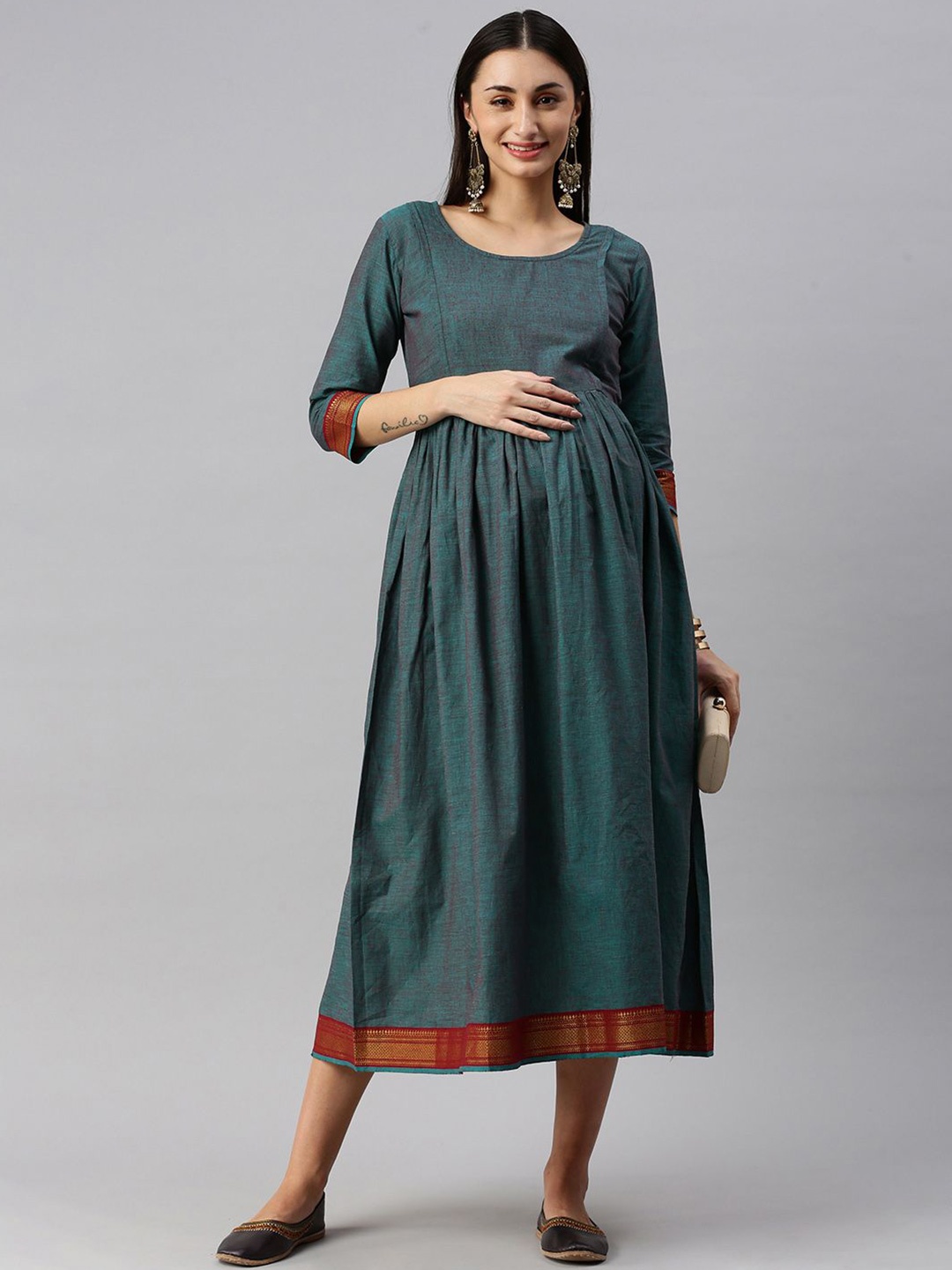 

Swishchick Round Neck Cotton Maternity A-Line Midi Dress, Teal