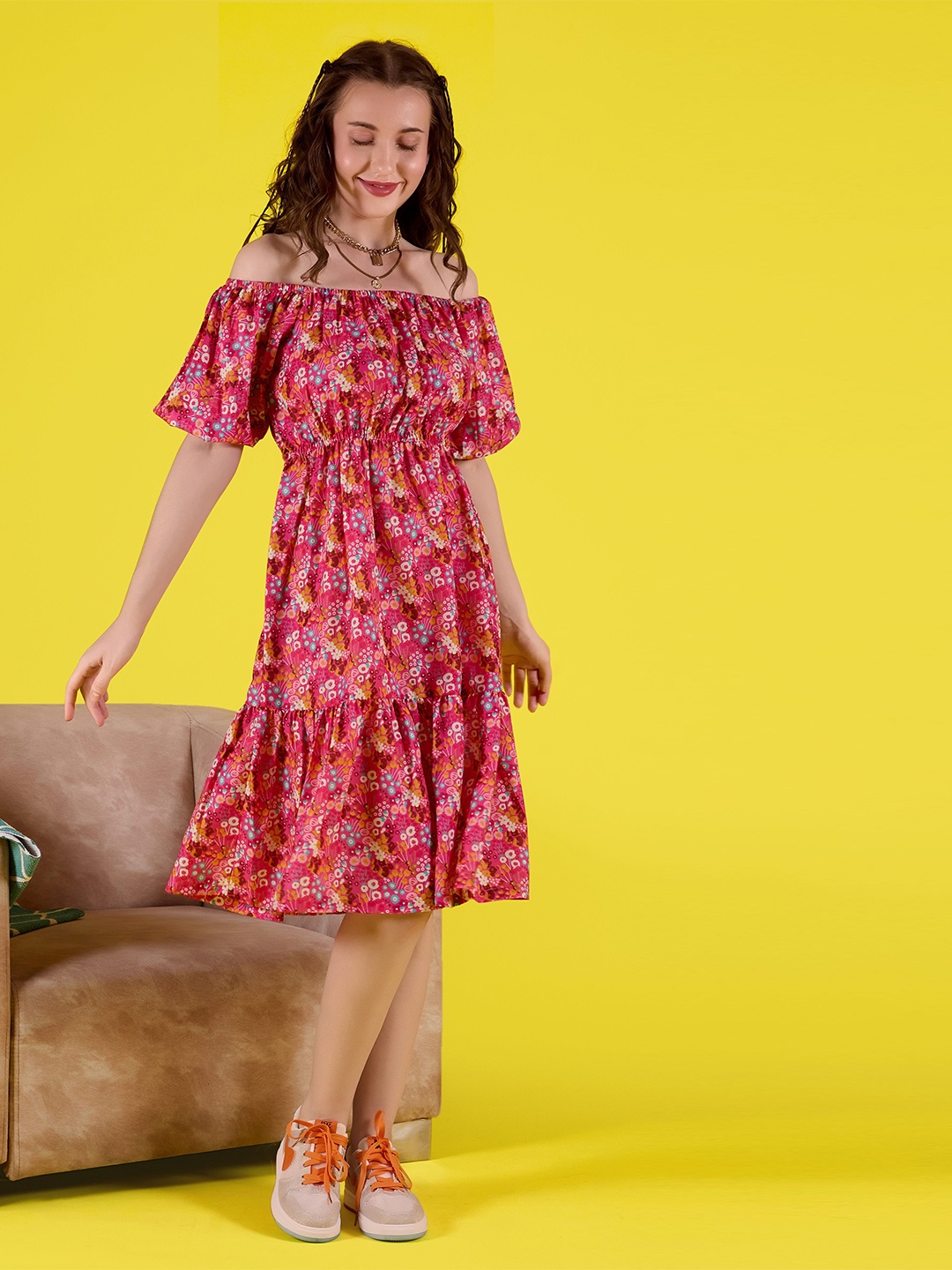 

Amarasha Floral Print Off-Shoulder Flared Sleeve A-Line Dress, Pink