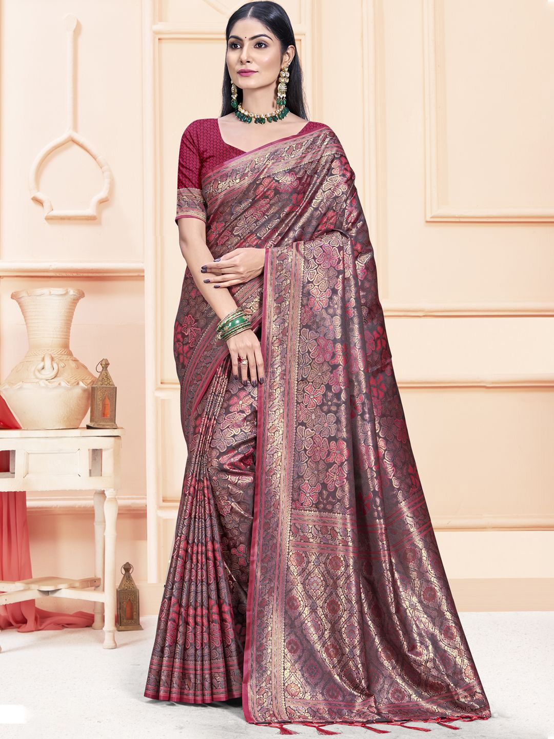 

SANGAM PRINTS Woven Design Zari Satin Tussar Saree, Magenta