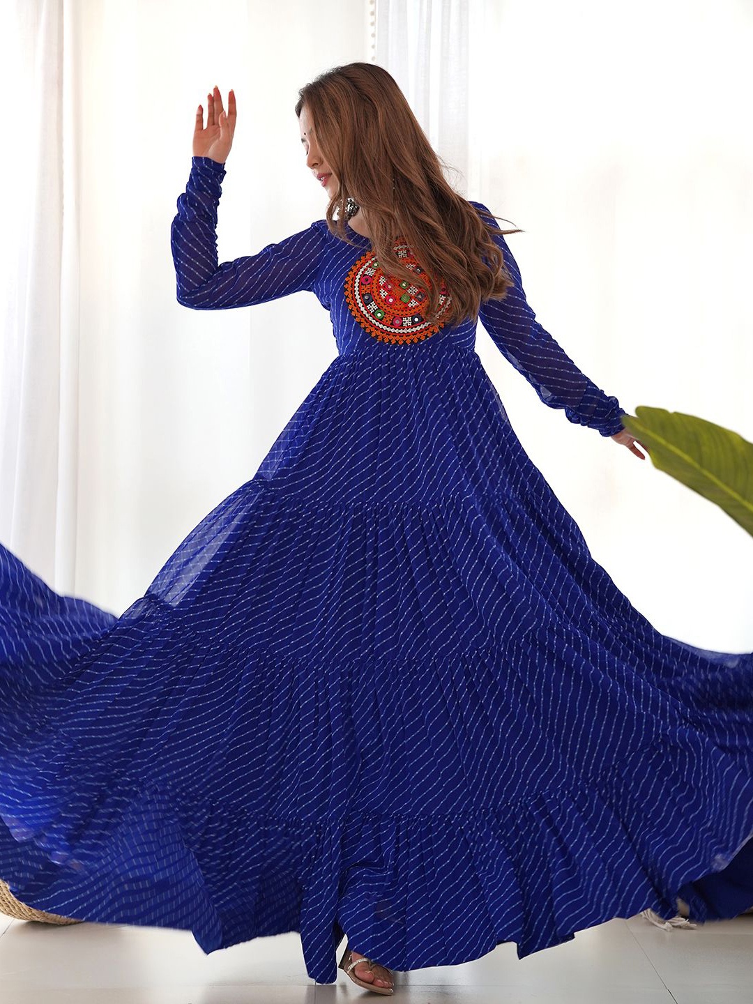 

ZIBLON Striped Georgette Tiered Maxi Ethnic Dress, Blue
