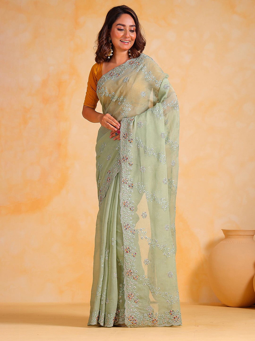 

elora Floral Beads and Stones Silk Blend Saree, Green