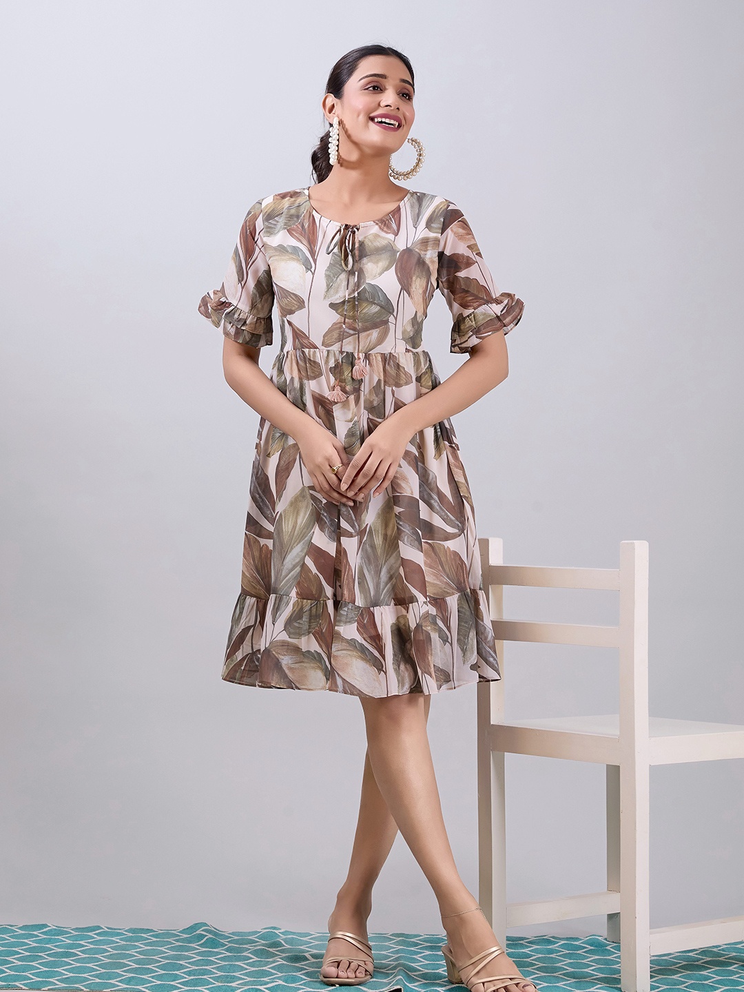 

Amarasha Floral Print Georgette Fit & Flare Dress, Green
