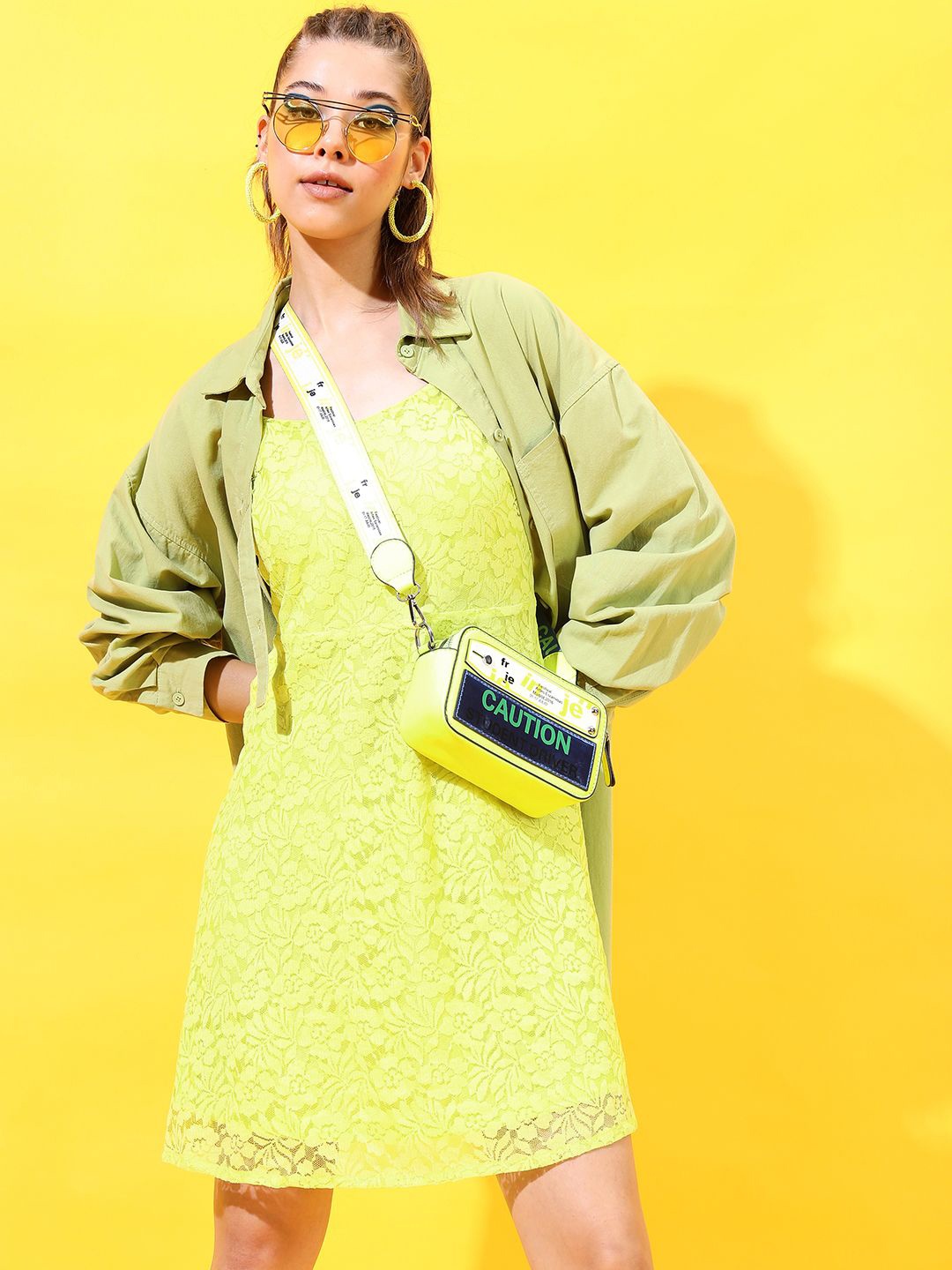 

Tokyo Talkies Shoulder Strap Self Design A-Line Dress, Green