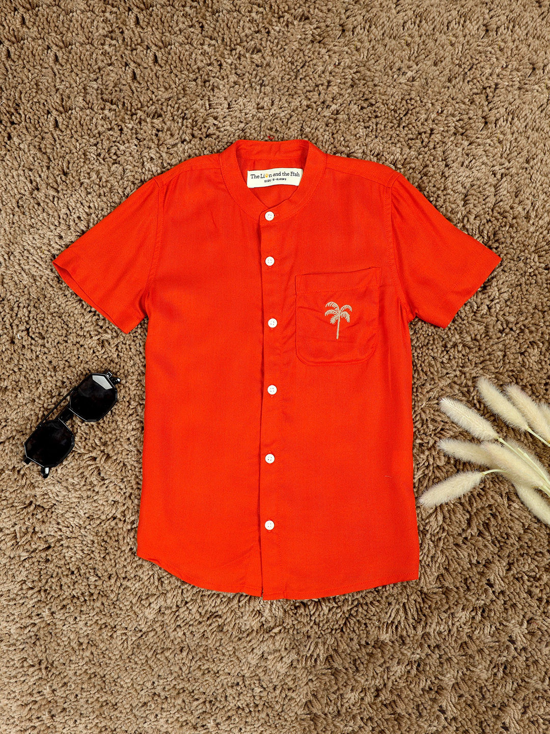 

The Lion and The Fish Boys Embroidered Mandarin Collar Casual Shirt, Orange