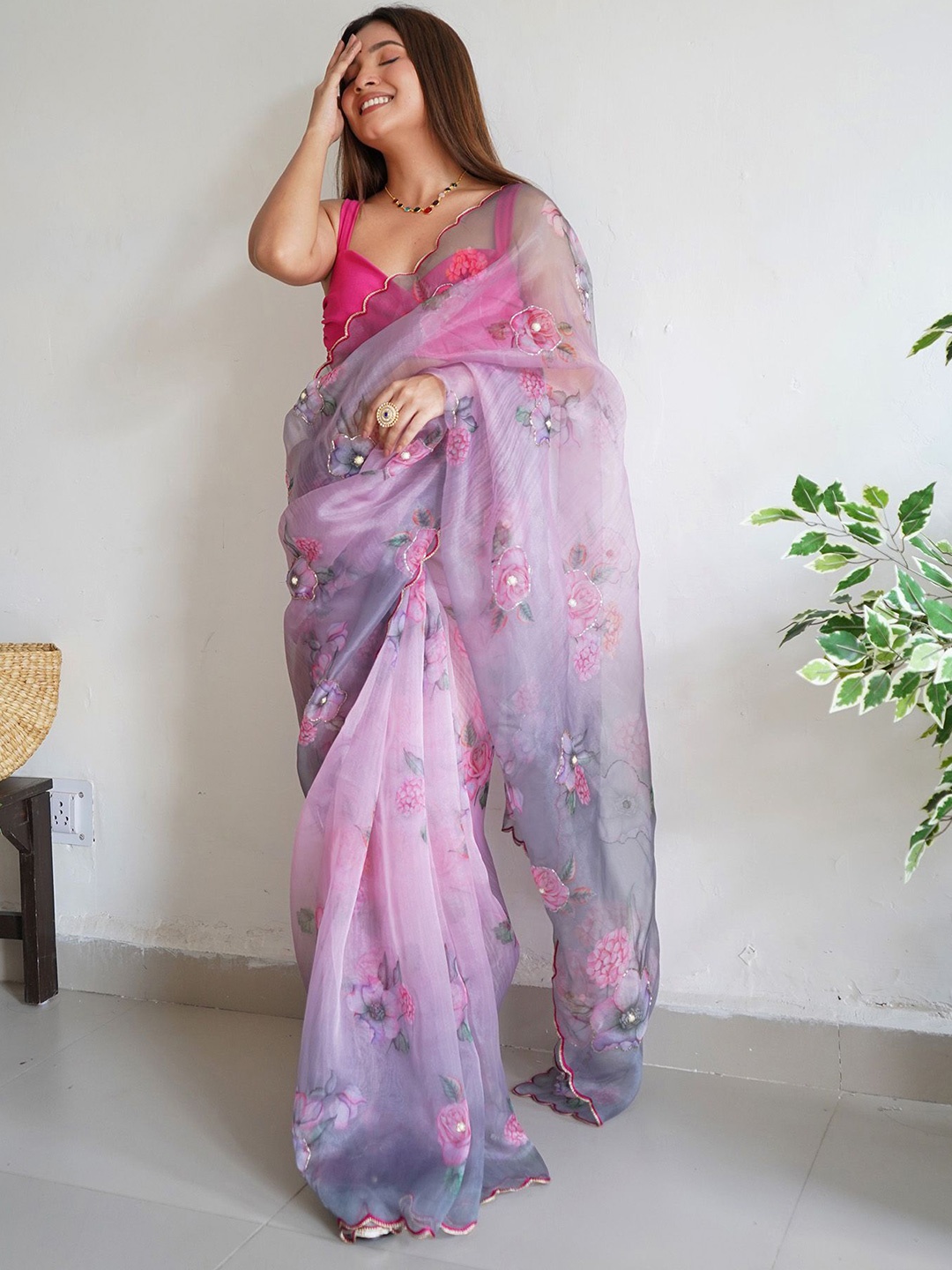 

elora Floral Beads and Stones Organza Saree, Purple