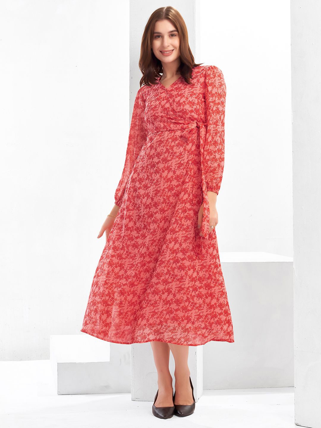 

Selvia Floral Print Puff Sleeve Georgette A-Line Midi Dress, Red