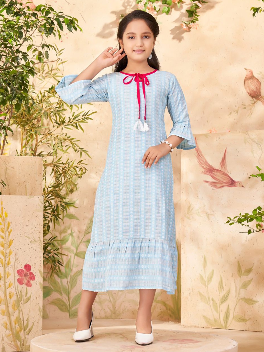 

BAESD Floral Print Tie-Up Neck A-Line Dress, Turquoise blue