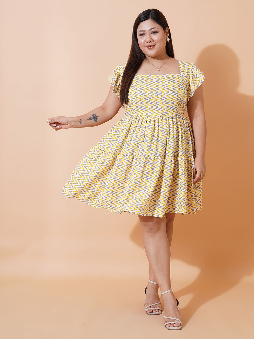 

U&F Beyond Floral Print Ruffled Fit & Flare Dress, Yellow