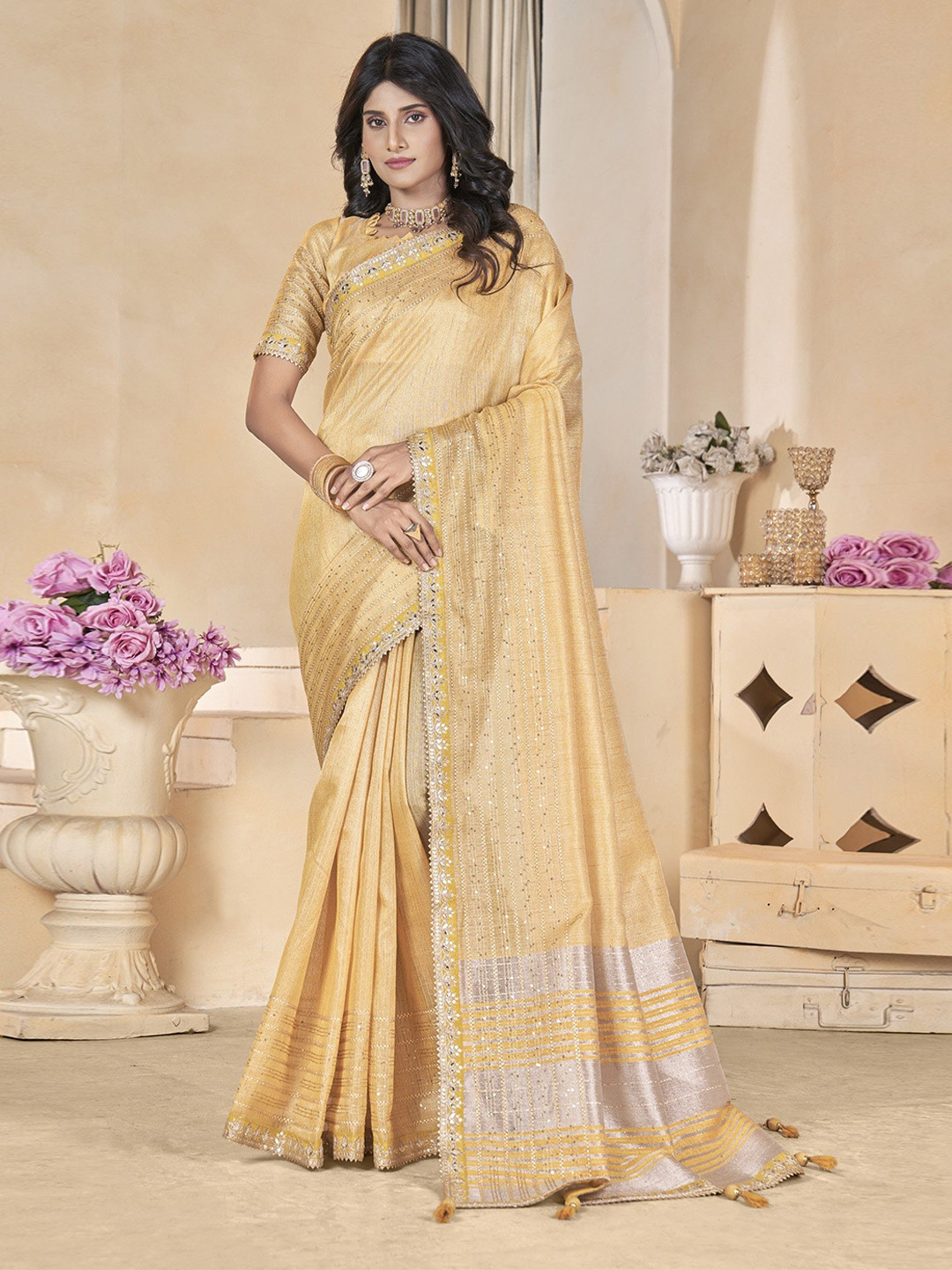 

Mitera Embellished Sequinned Saree With Blouse Piece, Yellow