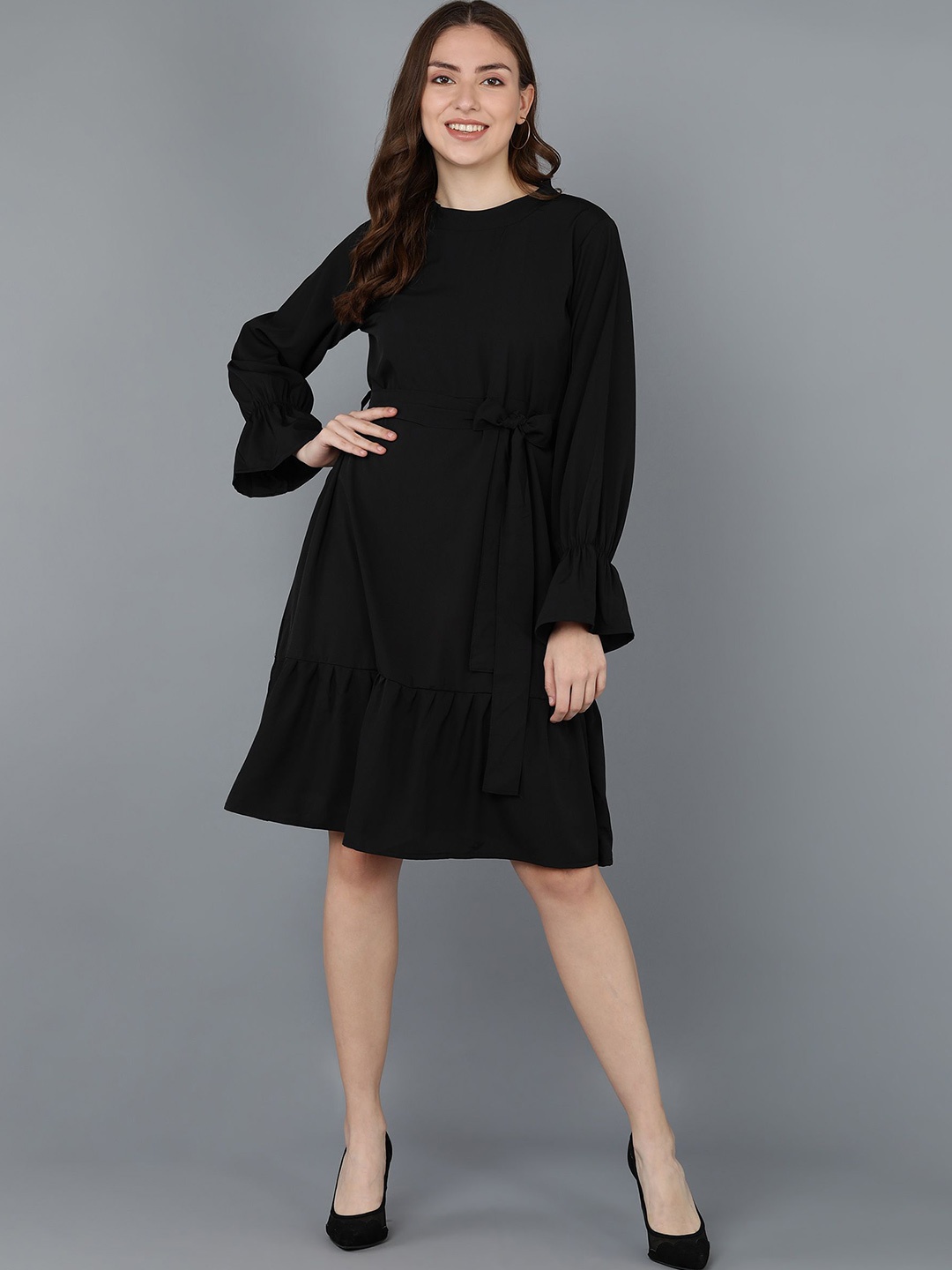 

Murcia Puff Sleeve Crepe A-Line Dress, Black