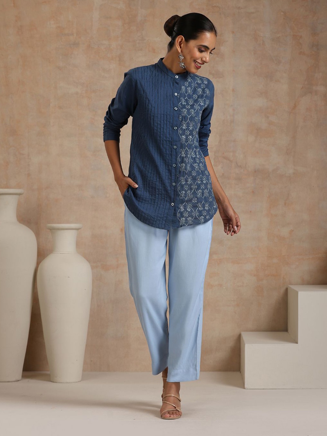 

House of Chikankari Chikankari Woven Shirt, Blue