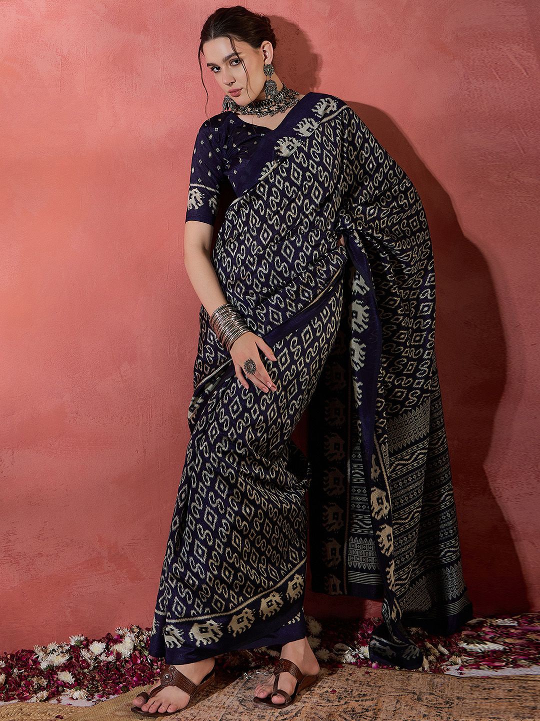 

Saree mall Ethnic Motifs Silk Blend Ikat Sarees, Navy blue