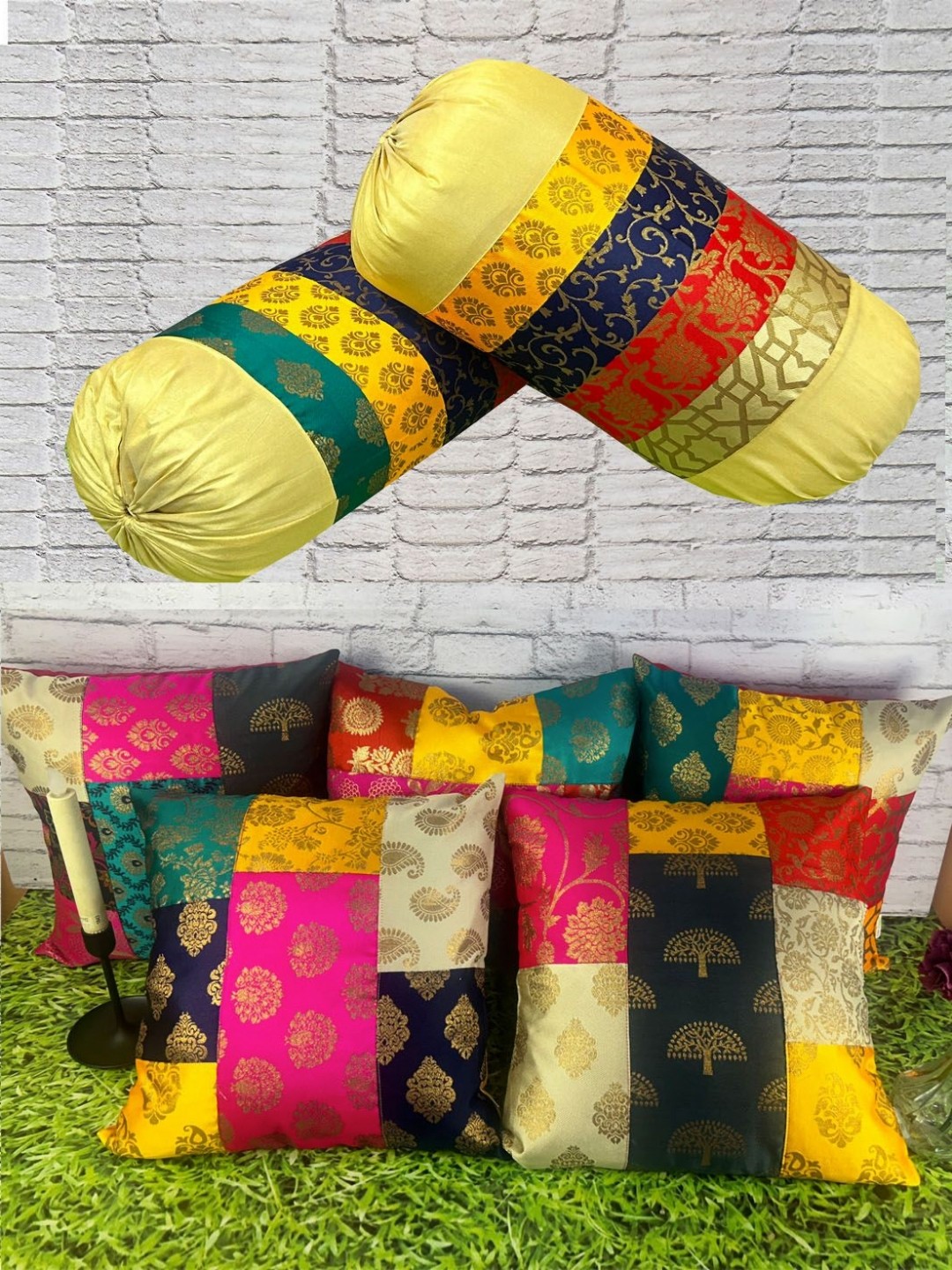

Pink Parrot Pink & Yellow Set of 7 Ethnic Motifs Round Cushion Covers