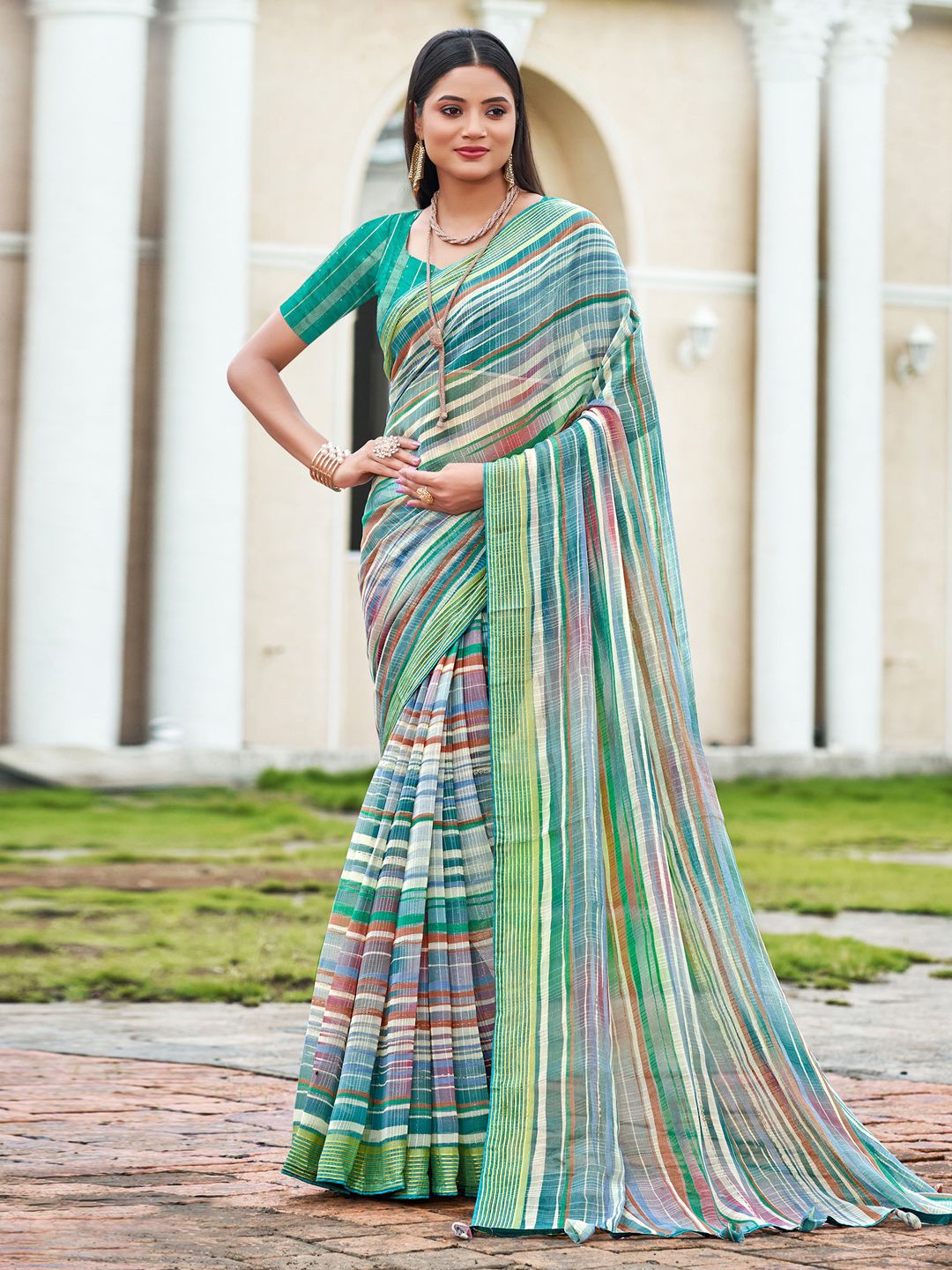 

Saree mall Striped Poly Chiffon Sarees, Blue