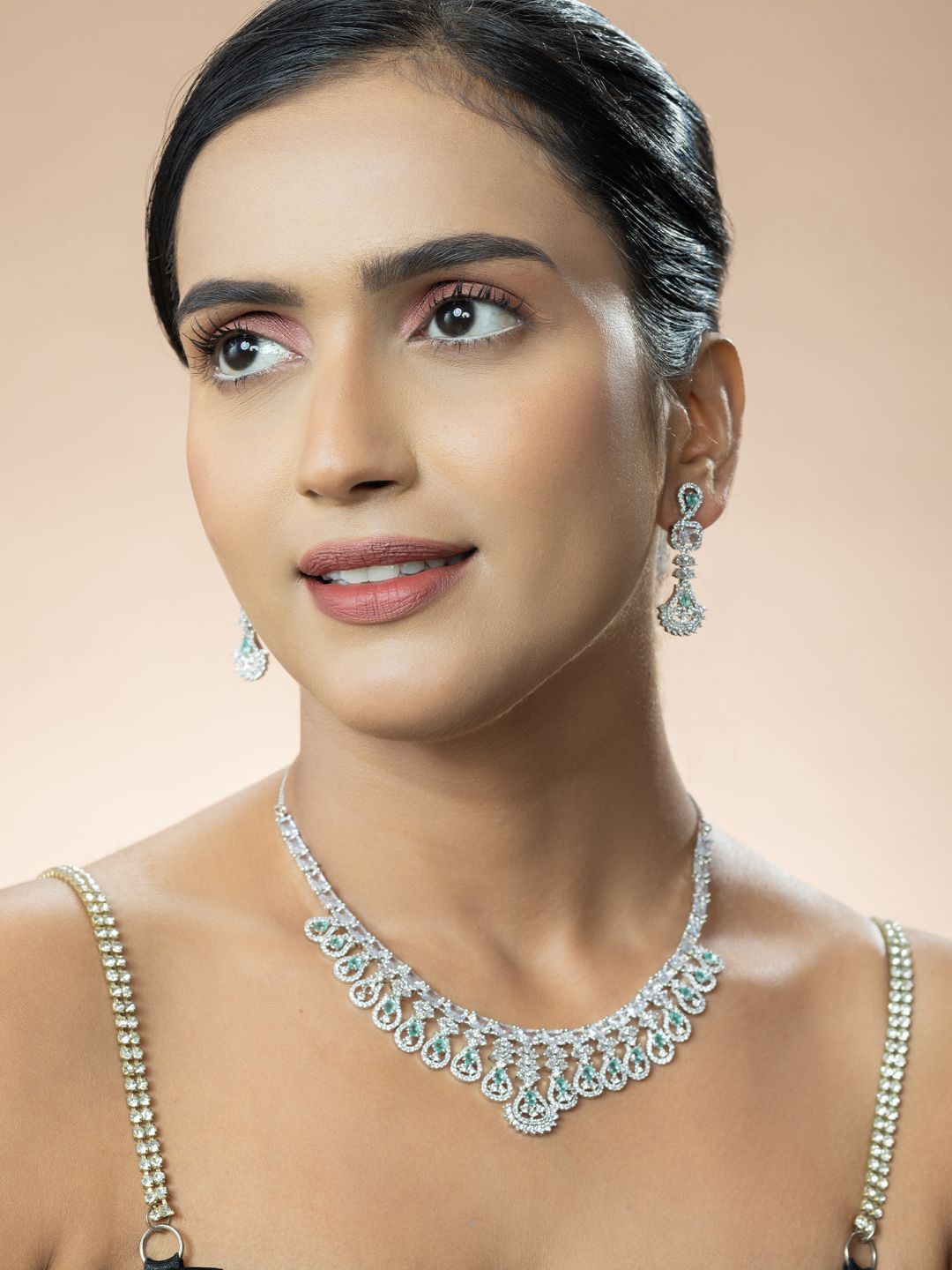 

Niscka Rhodium Plated & AD Studded Jewelley Set, Green