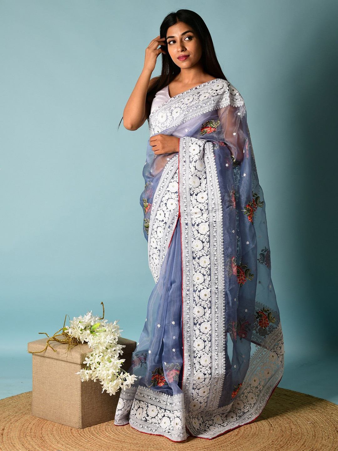 

elora Floral Embroidered Organza Saree, Grey