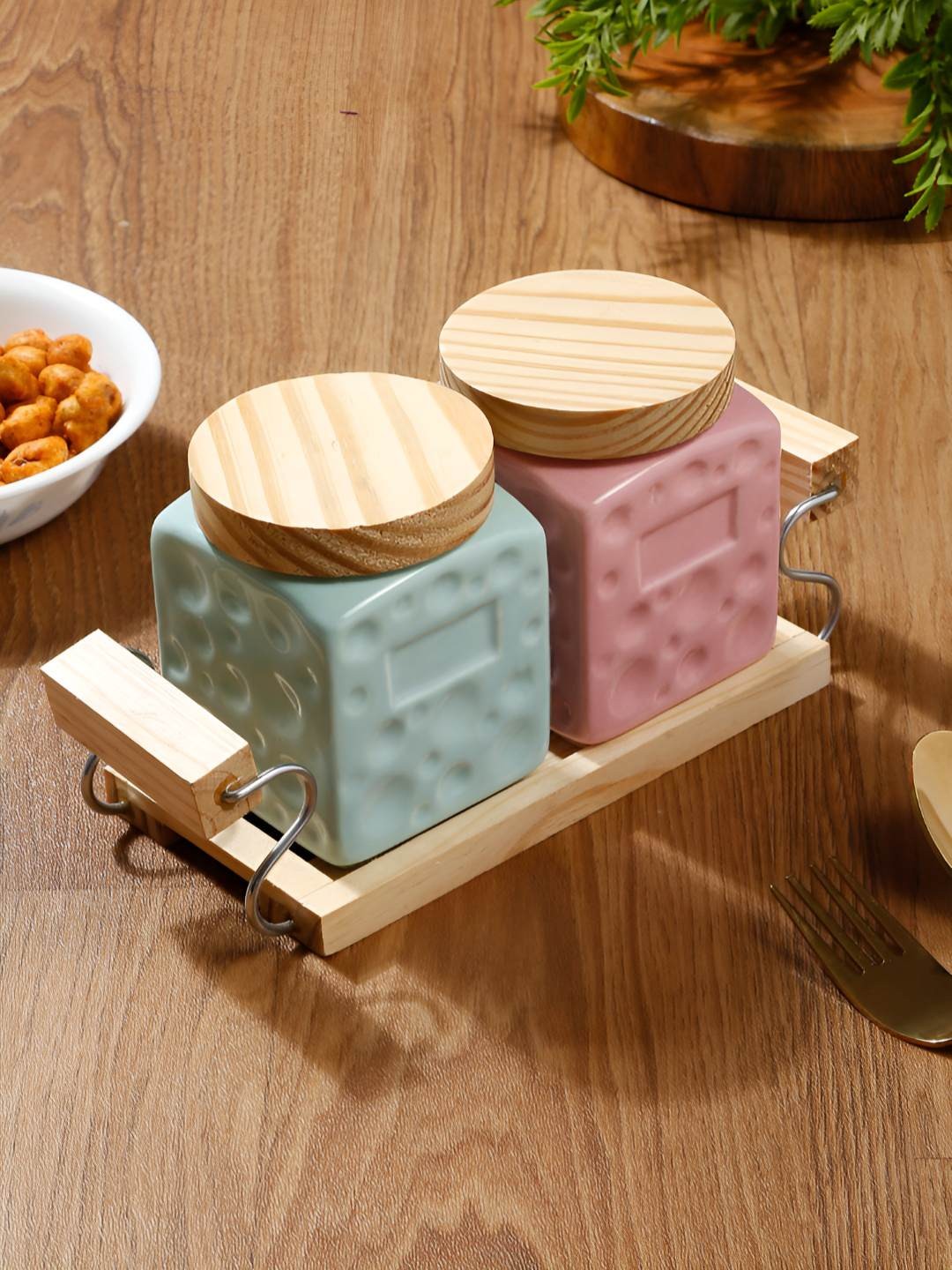 

Arrabi 2-pcs Blue & Pink Textured Ceramic Containers With Wooden Lid & Tray
