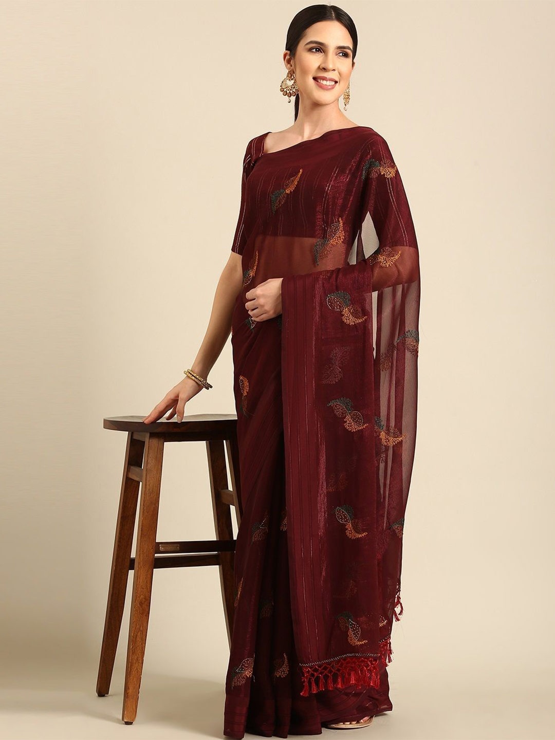 

all about you Embroidered Pure Chiffon Saree, Maroon