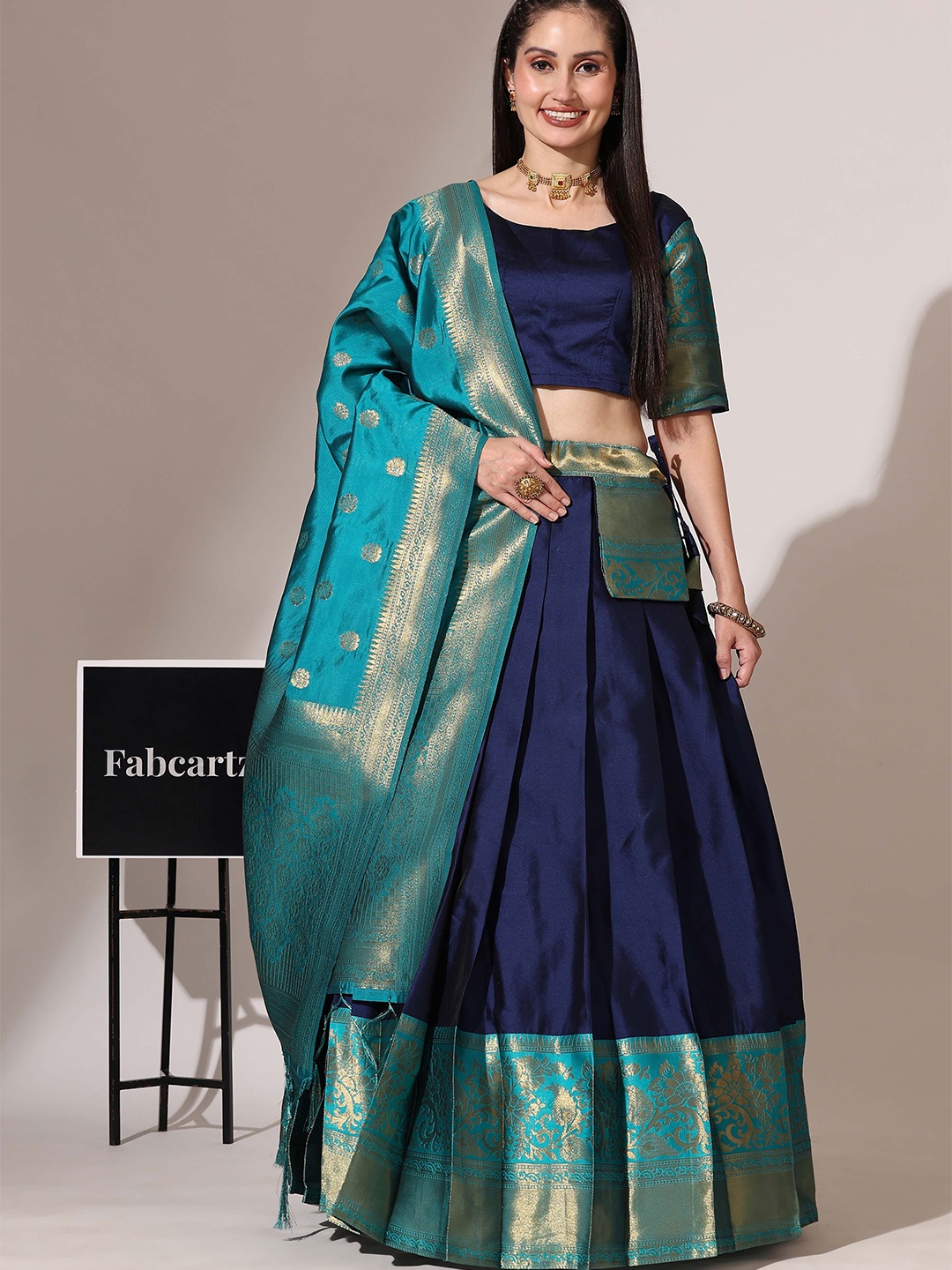 

Fabcartz Semi-Stitched Lehenga & Unstitched Blouse With Dupatta, Navy blue
