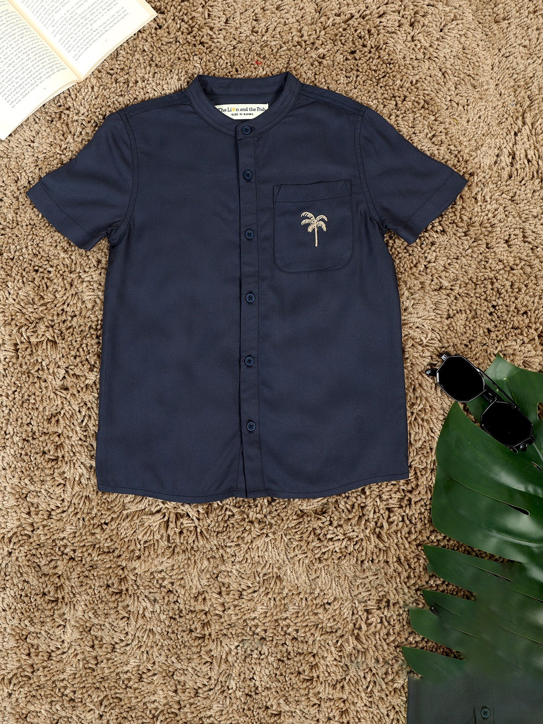 

The Lion and The Fish Boys Embroidered Mandarin Collar Casual Shirt, Blue