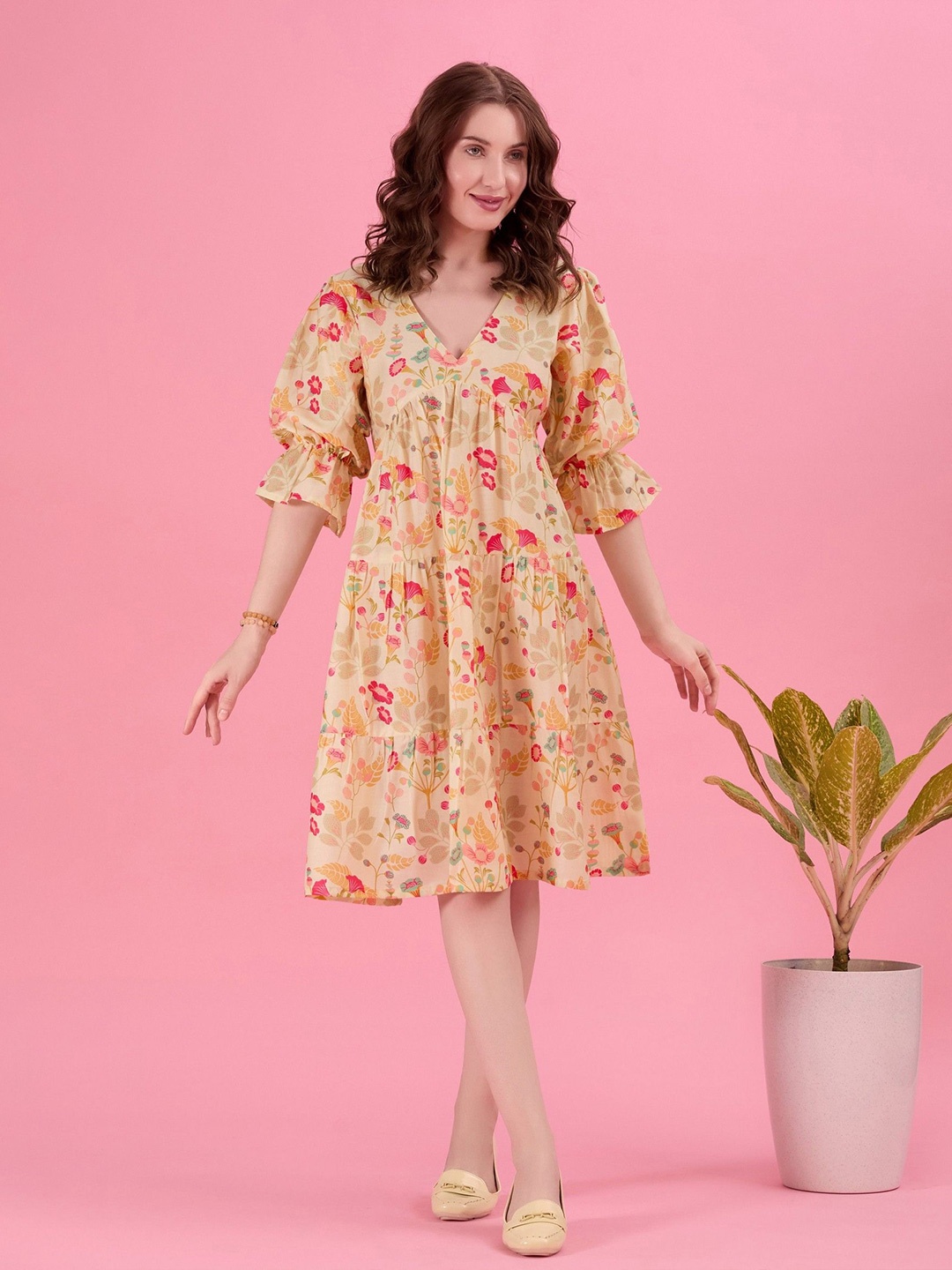 

Amarasha Floral Print Flared Sleeve Crepe A-Line Dress, Multi