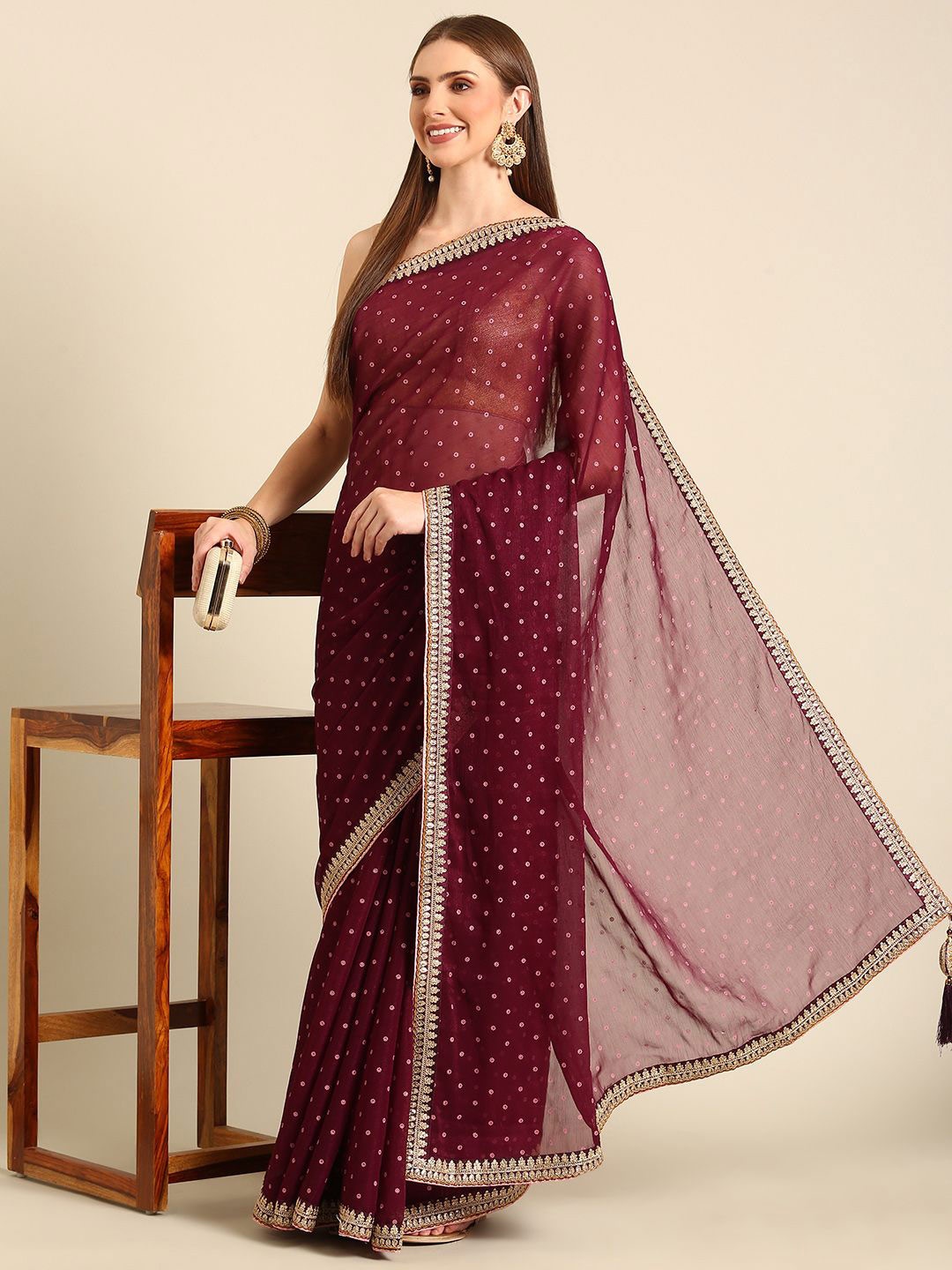 

all about you Ethnic Motifs Sequinned Pure Chiffon Saree, Purple