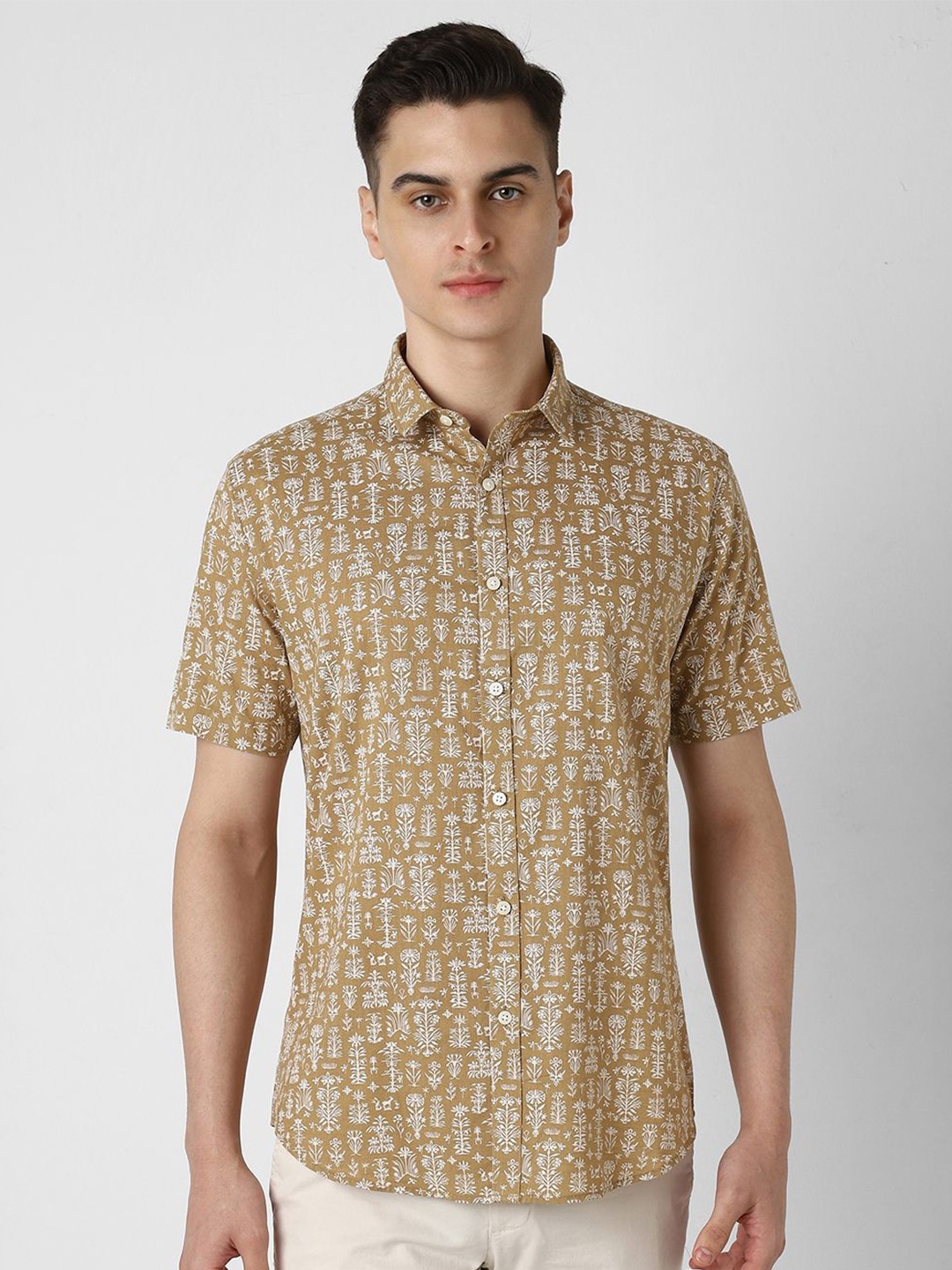 

V Dot Men Slim Fit Floral Opaque Printed Party Shirt, Khaki